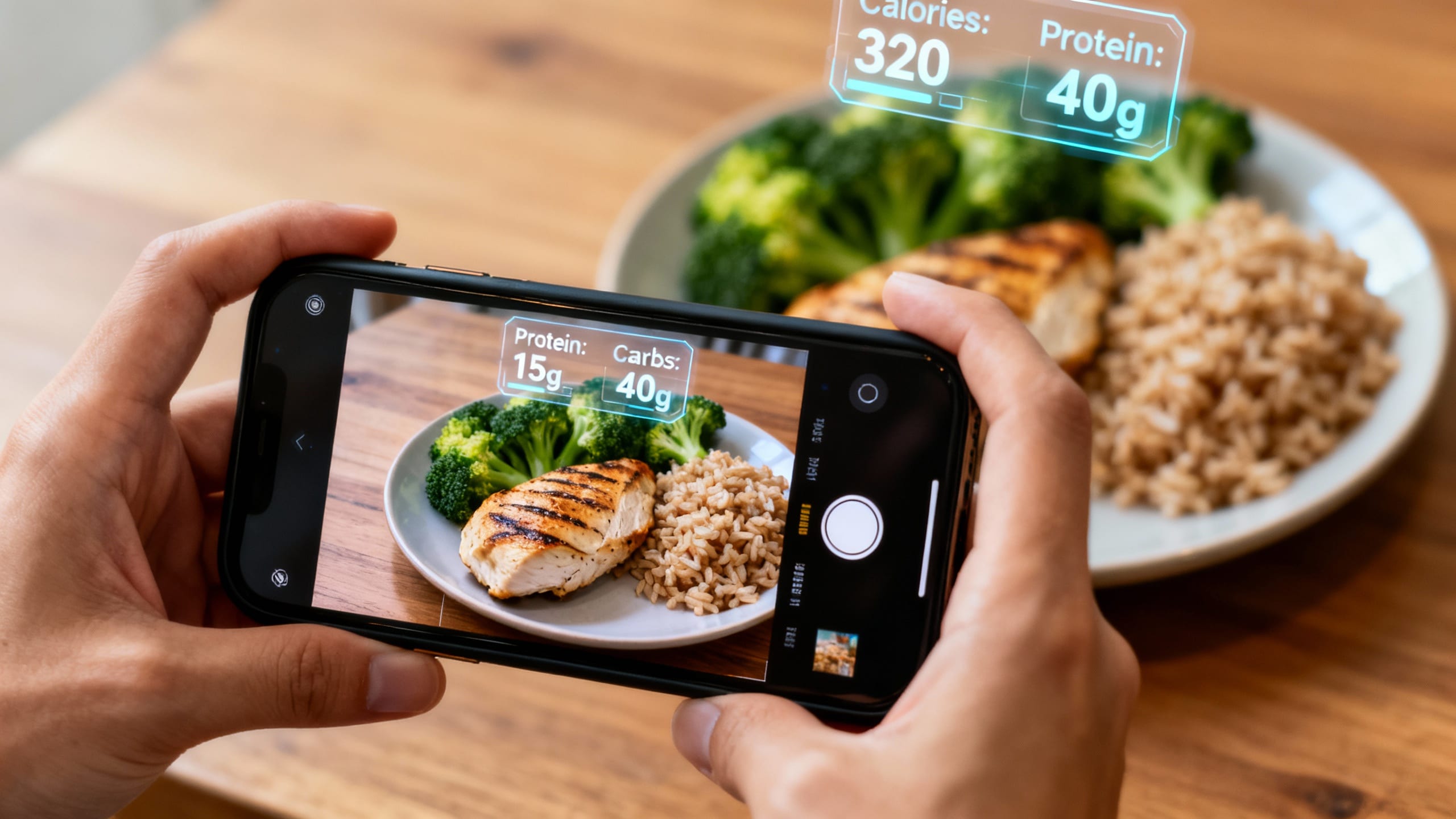 a smartphone scanning a meal with nutritional overlays