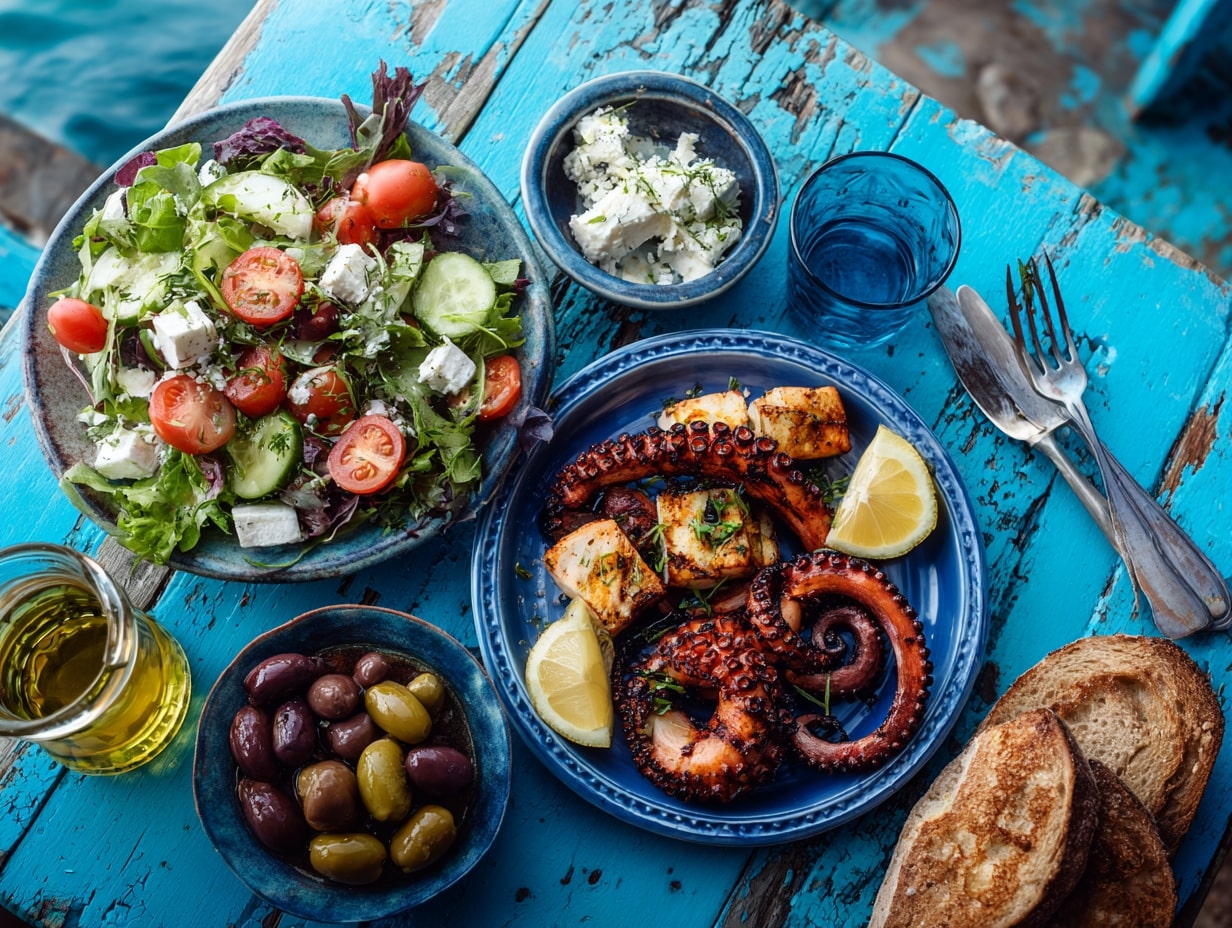 overhead mezze spread: Greek salad, grilled octopus, lemon wedges, olives, crusty bread on blue table by the sea