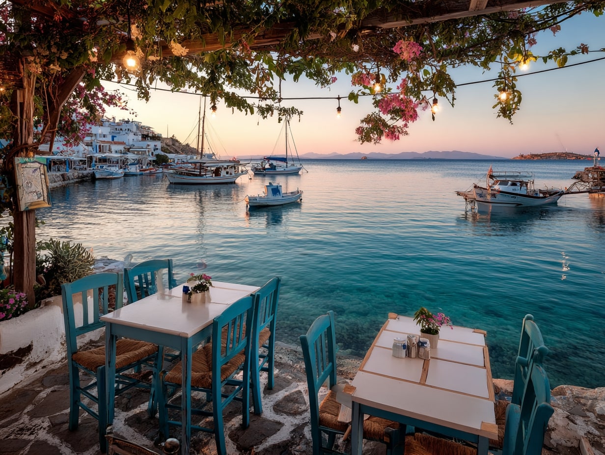 sunset taverna perched over turquoise water, white tables with blue chairs, fishing boats bobbing below; romantic Aegean vibe