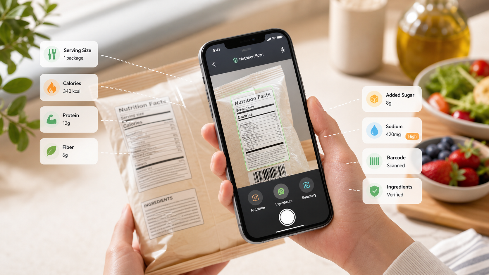 AI food scanner app scanning a packaged nutrition label