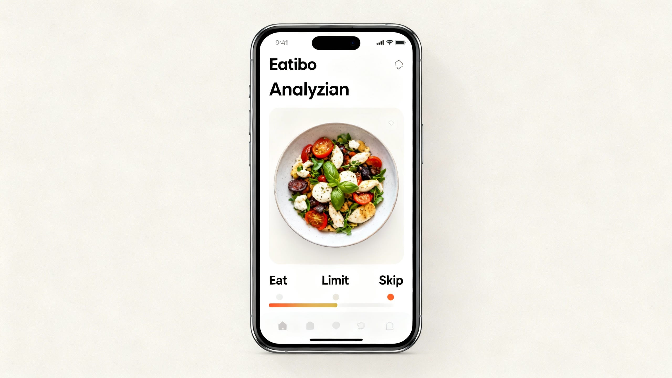 A smartphone screen showing Eatibo analyzing a Mediterranean dish with Eat/Limit/Skip ratings