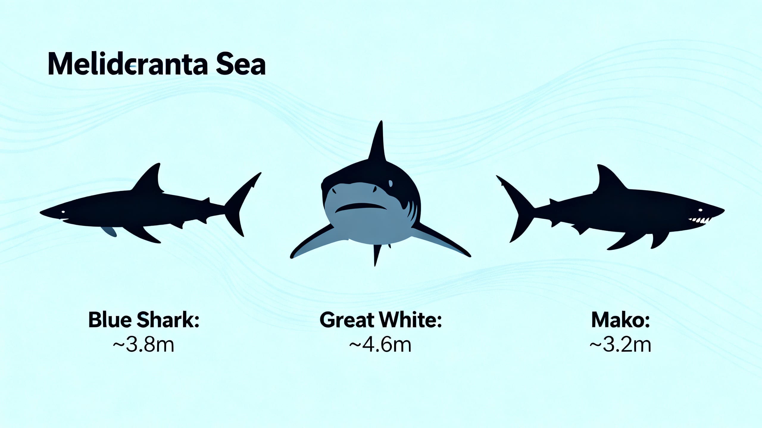 An infographic showing silhouettes of various shark species found in the Mediterranean Sea, including Blue Shark, Great White, and Mako, with their typical s...