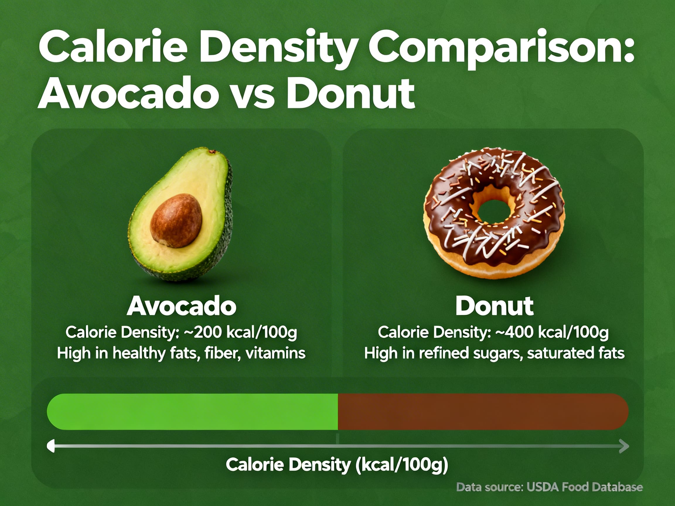 infographic comparing calorie density of avocado vs donut