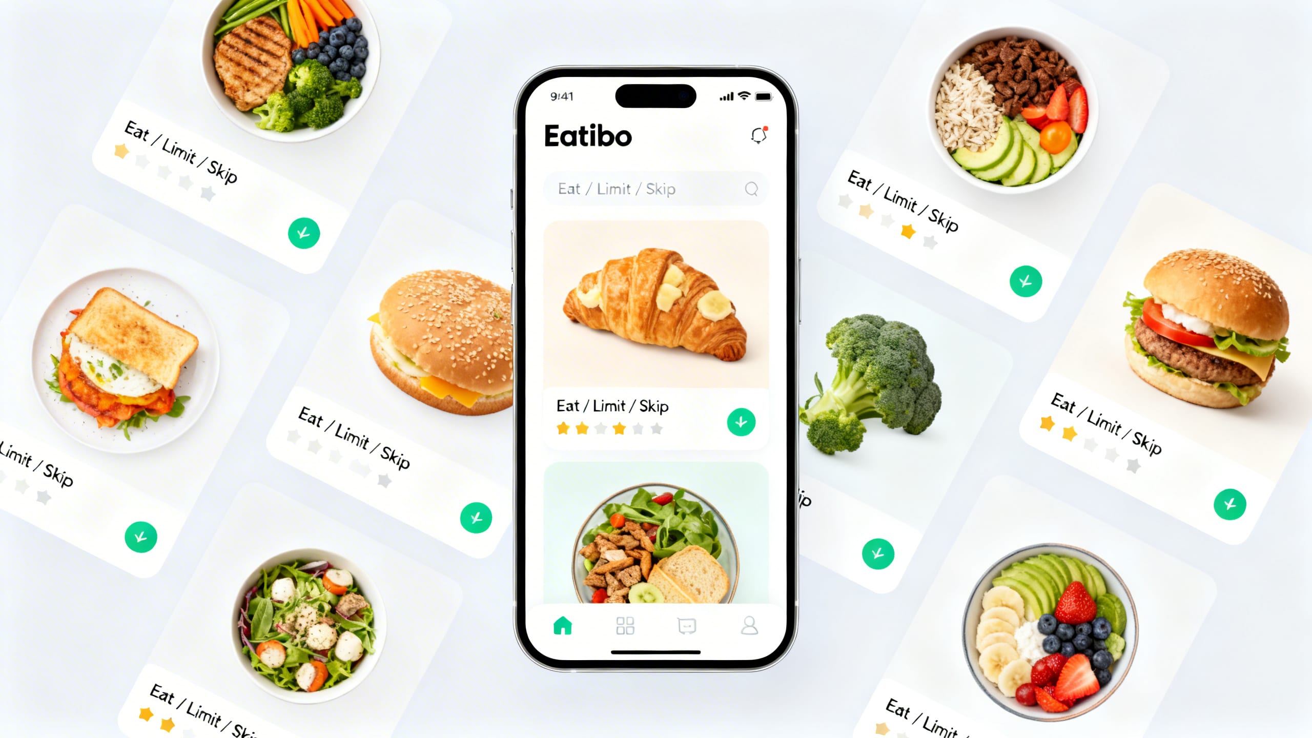 Eatibo app showing "Eat / Limit / Skip" ratings for food items