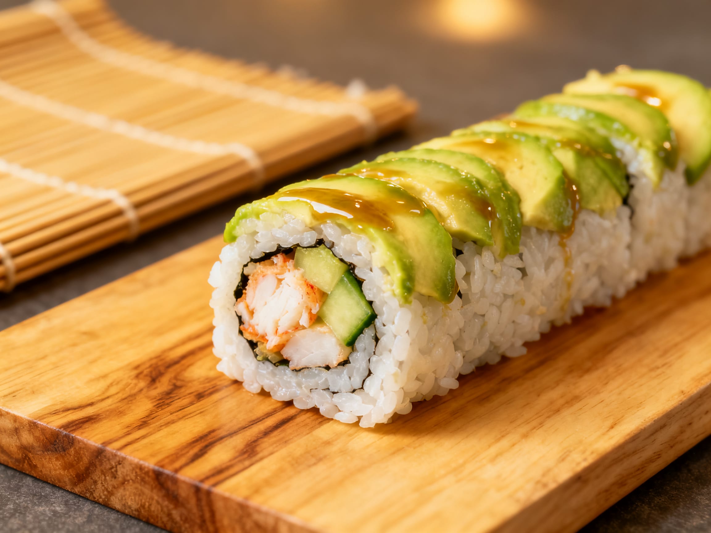 close-up of a freshly made California roll on a wooden board