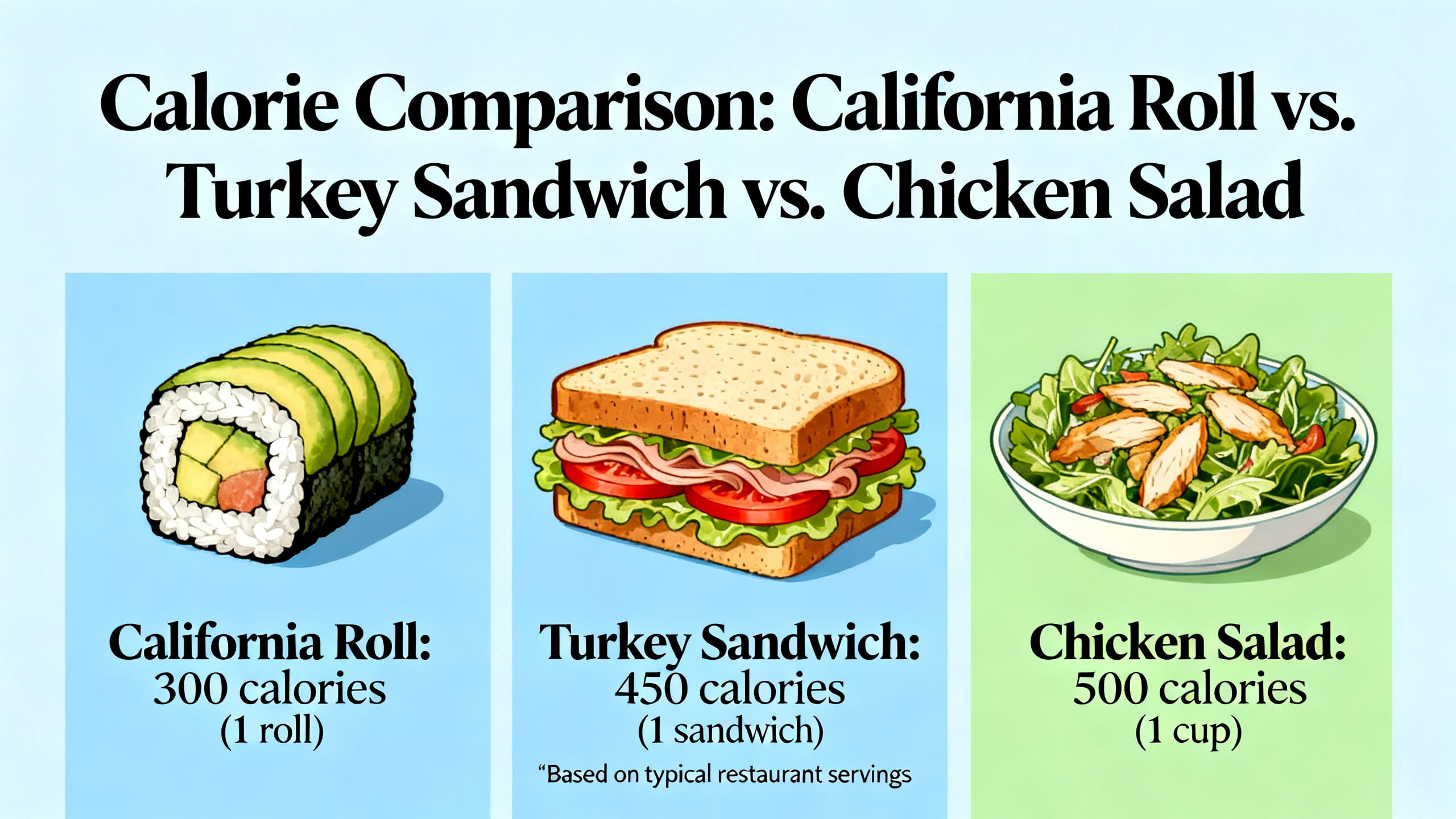 infographic comparing calorie counts of a California roll, a turkey sandwich, and a chicken salad