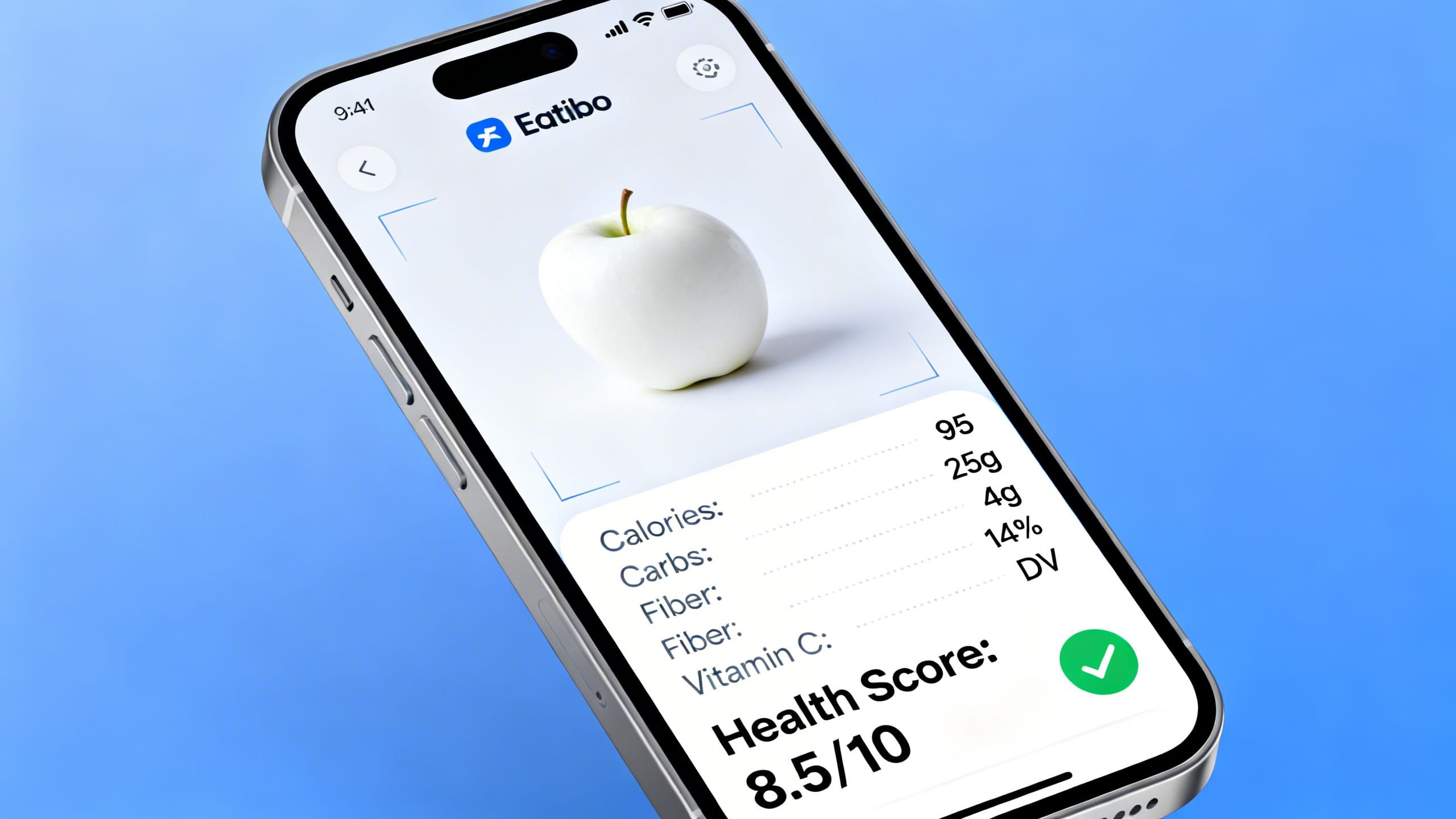 Eatibo app scanning an apple and showing nutritional breakdown and personalized rating
