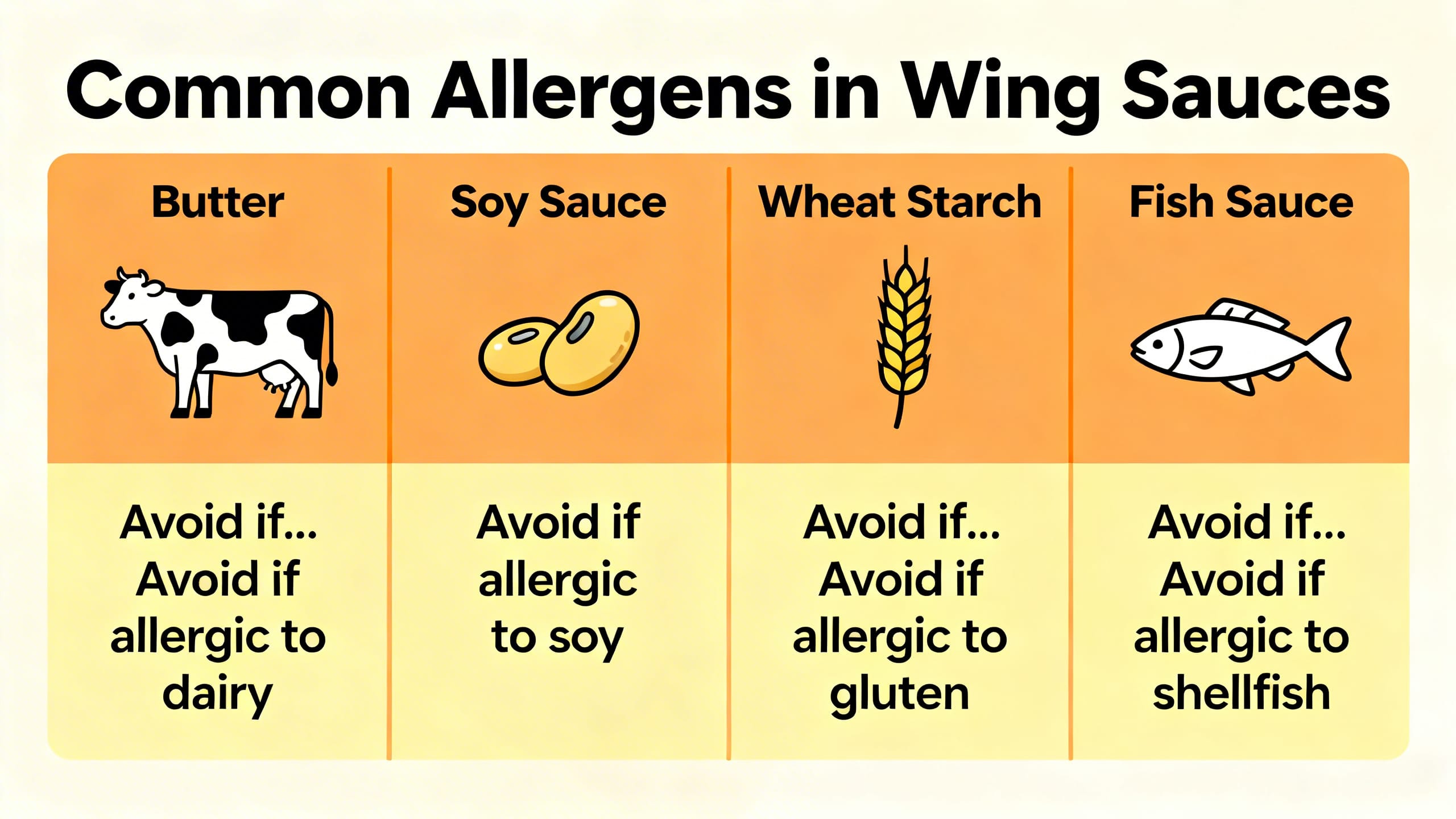 infographic with common allergens in wing sauces labeled 'Avoid if...'
