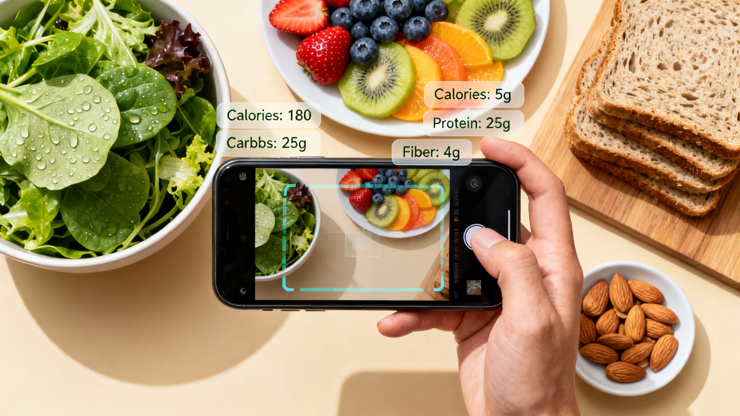 various healthy foods being scanned by a smartphone with nutritional data overlaid