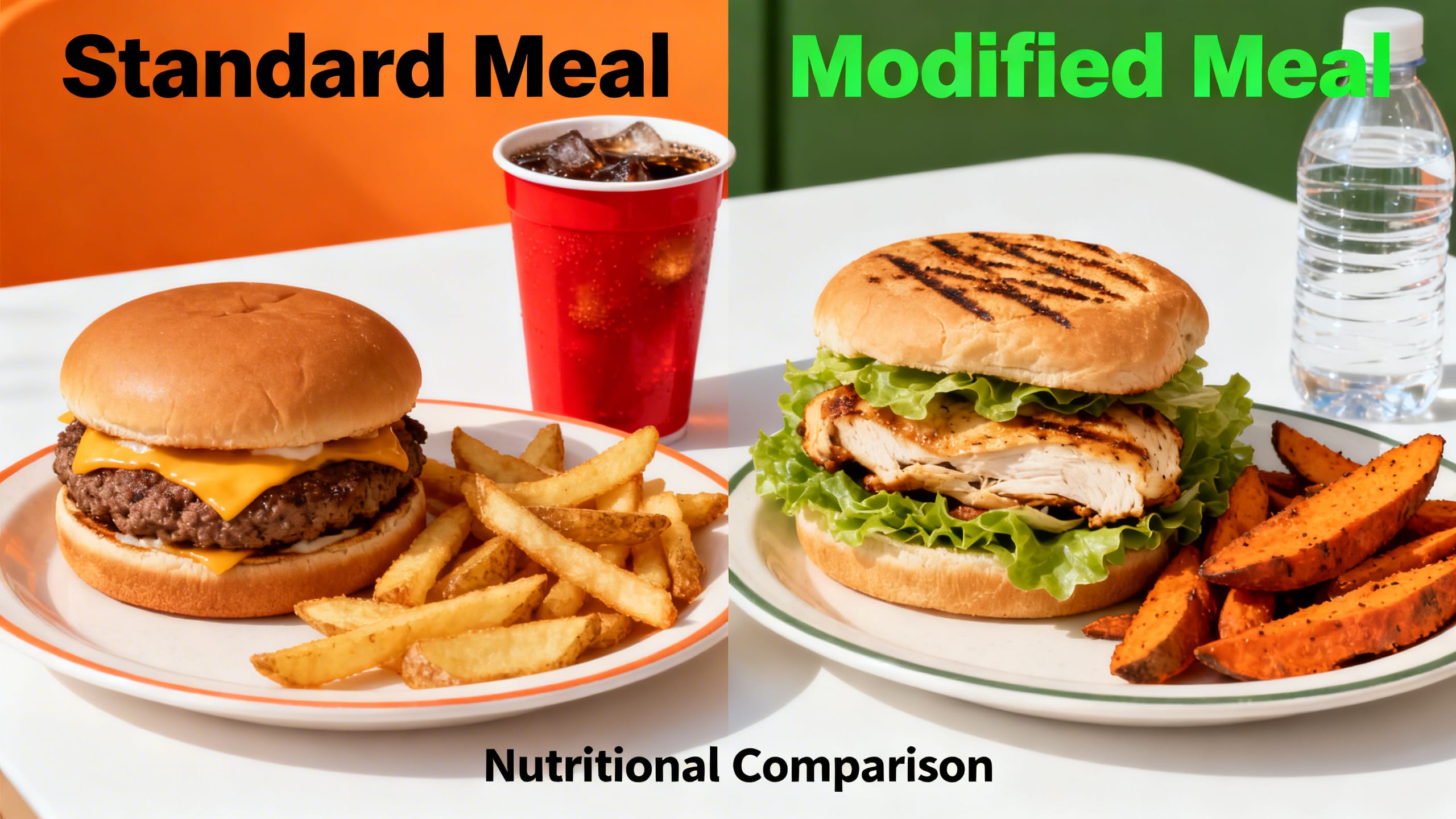 side-by-side comparison of a standard versus modified fast food meal