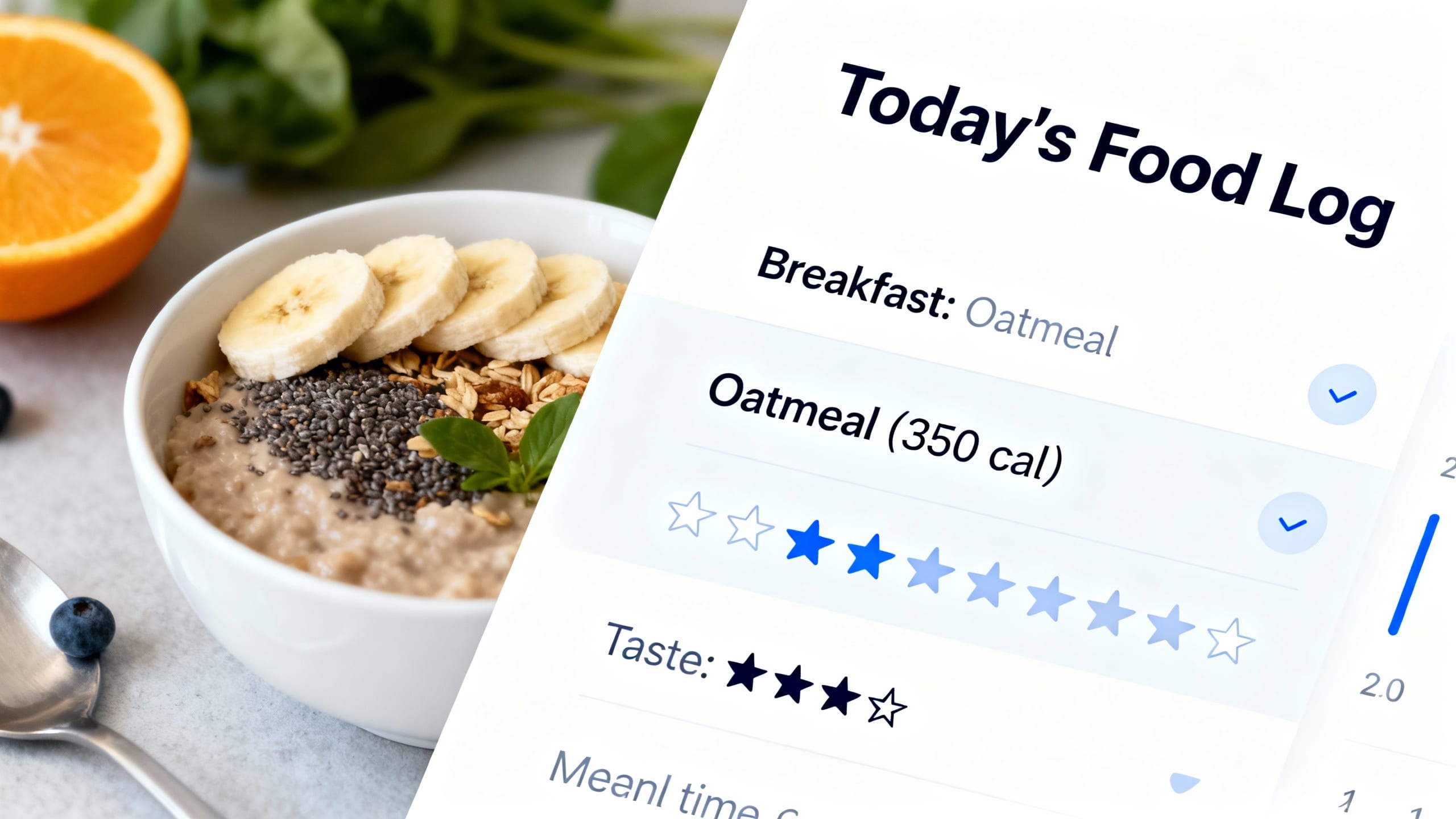 Eatibo user interface showing clean food log and ratings