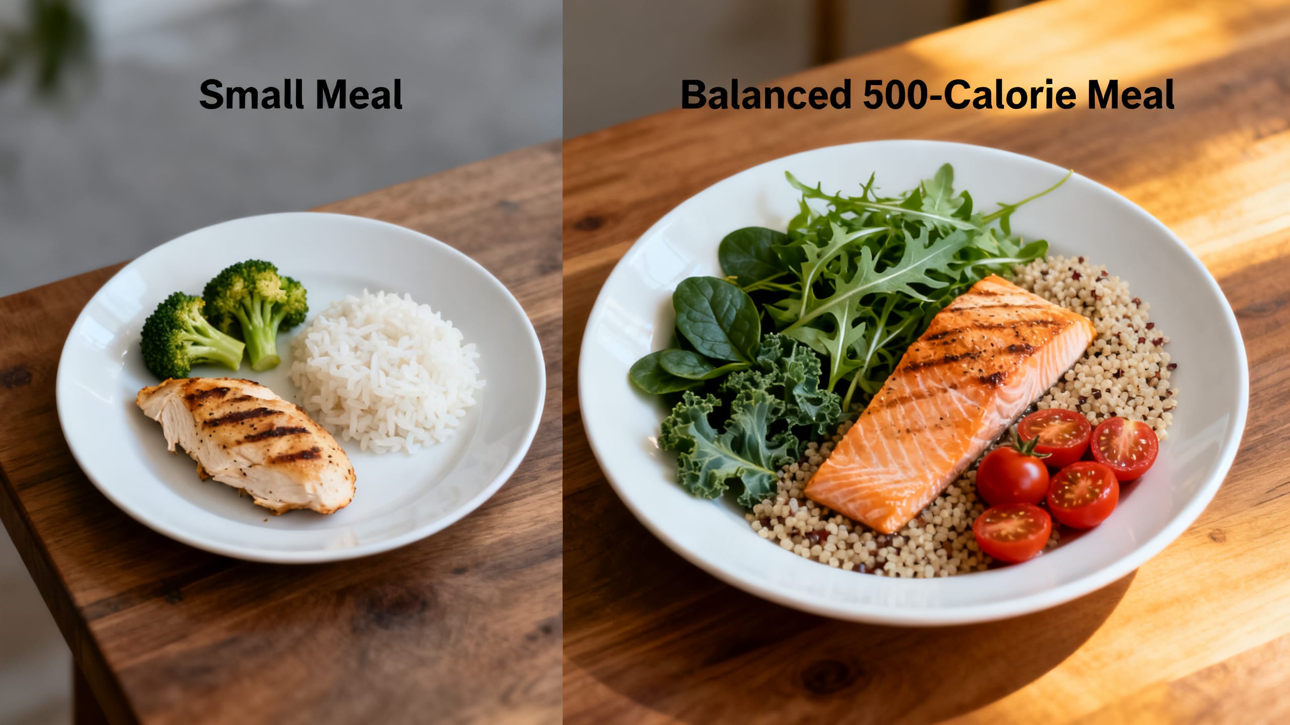 a visual comparison of two plates, one showing a small, unsatisfying meal and the other a larger, balanced 500-calorie meal