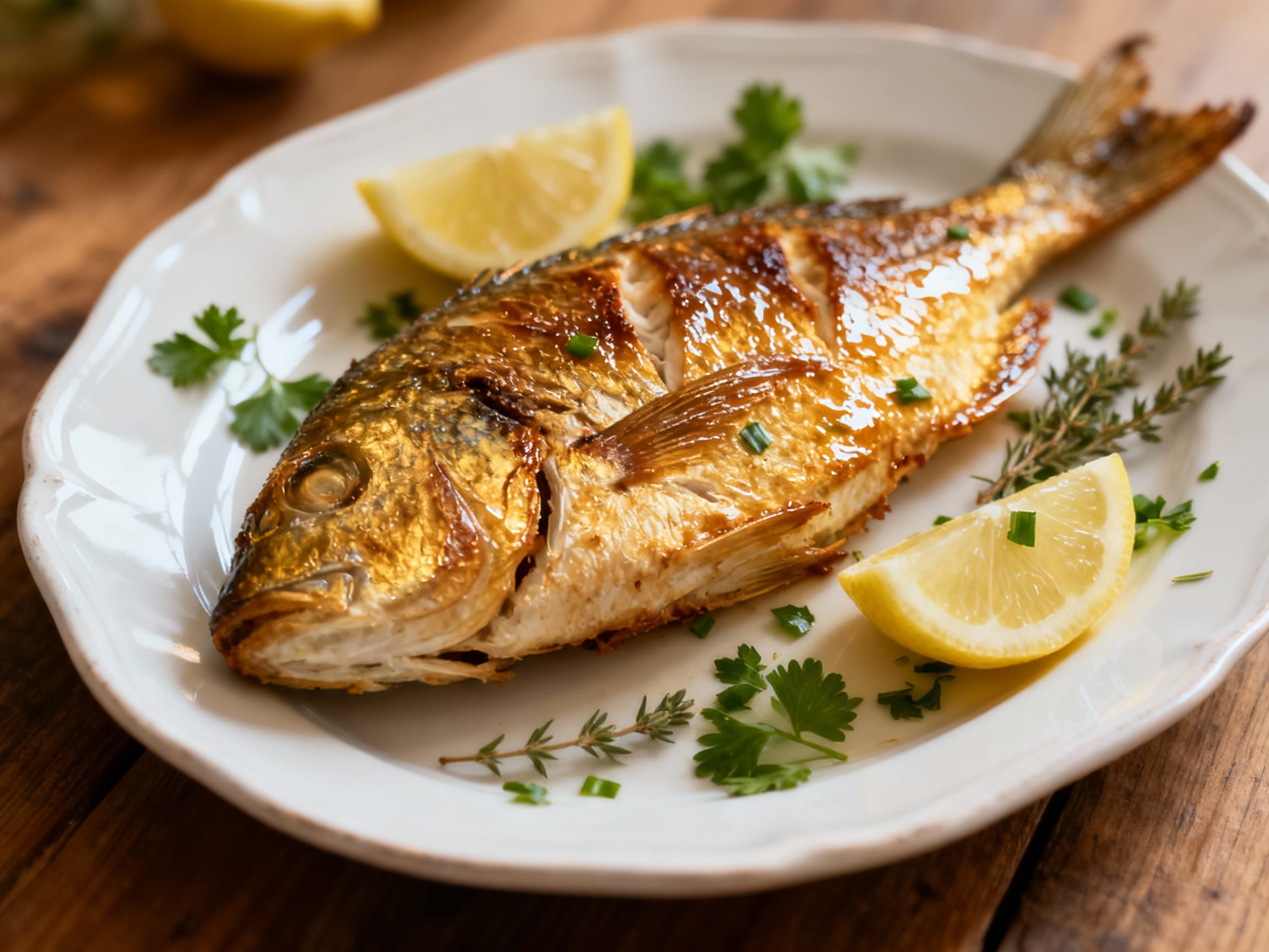 crispy Mediterranean dorade on a plate with lemon and herbs