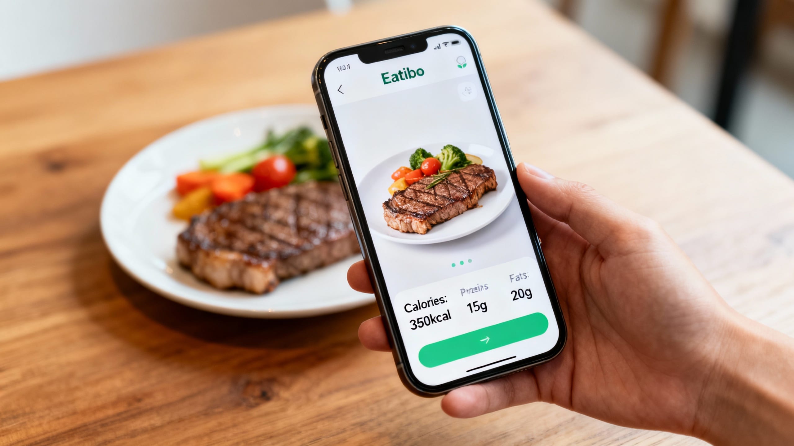a phone displaying the Eatibo app scanning a meal and showing nutritional data