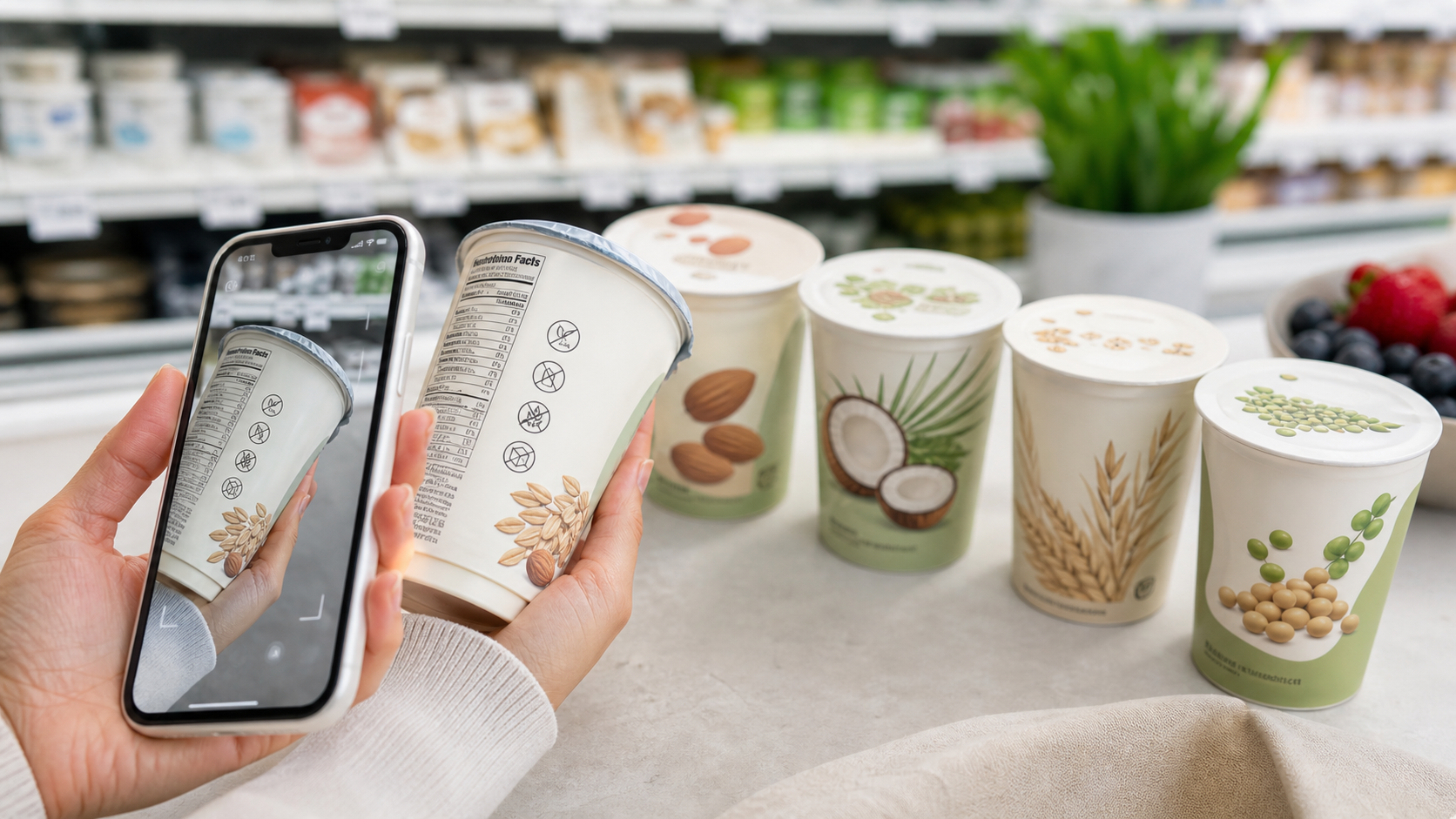 dairy-free yogurt labels being scanned with a phone