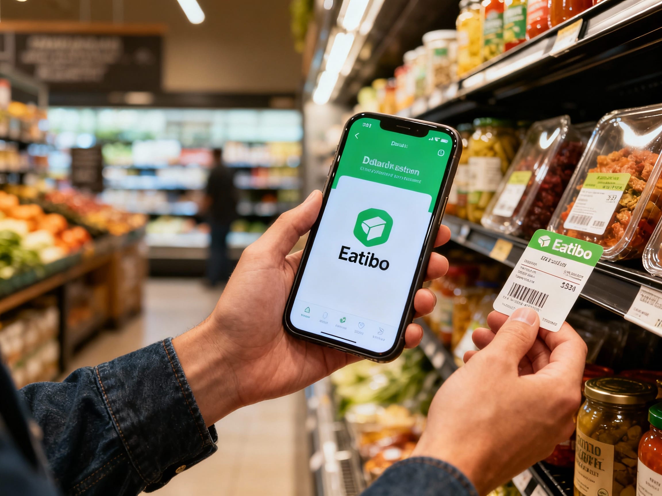A person scanning a food label with the Eatibo app on their phone in a Dallas grocery store