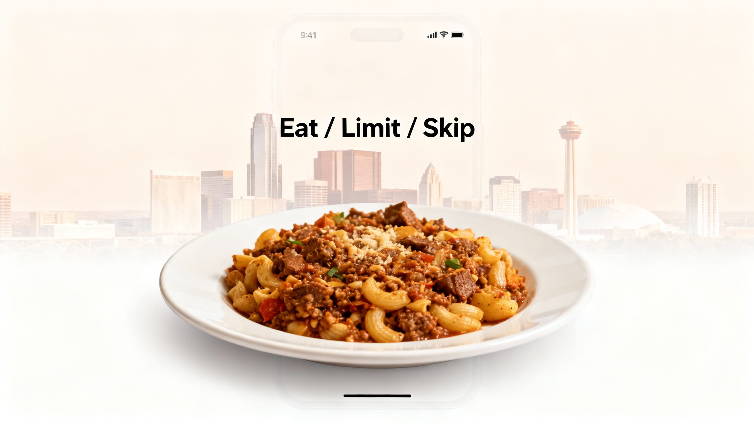 Screenshot of Eatibo app showing 'Eat / Limit / Skip' rating on a plate of food with a subtle Dallas skyline background