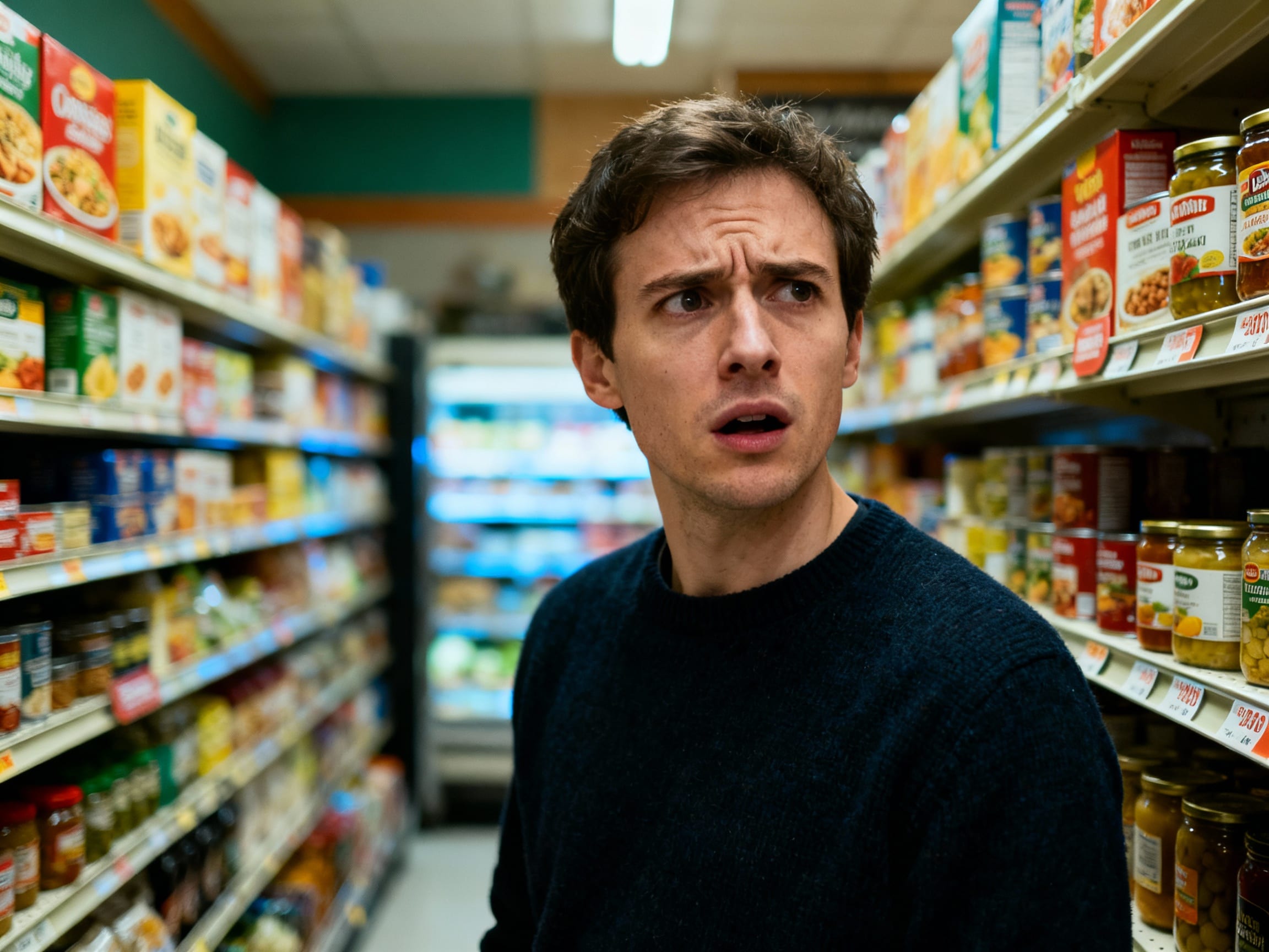 a person looking confused at a grocery store aisle filled with various food labels