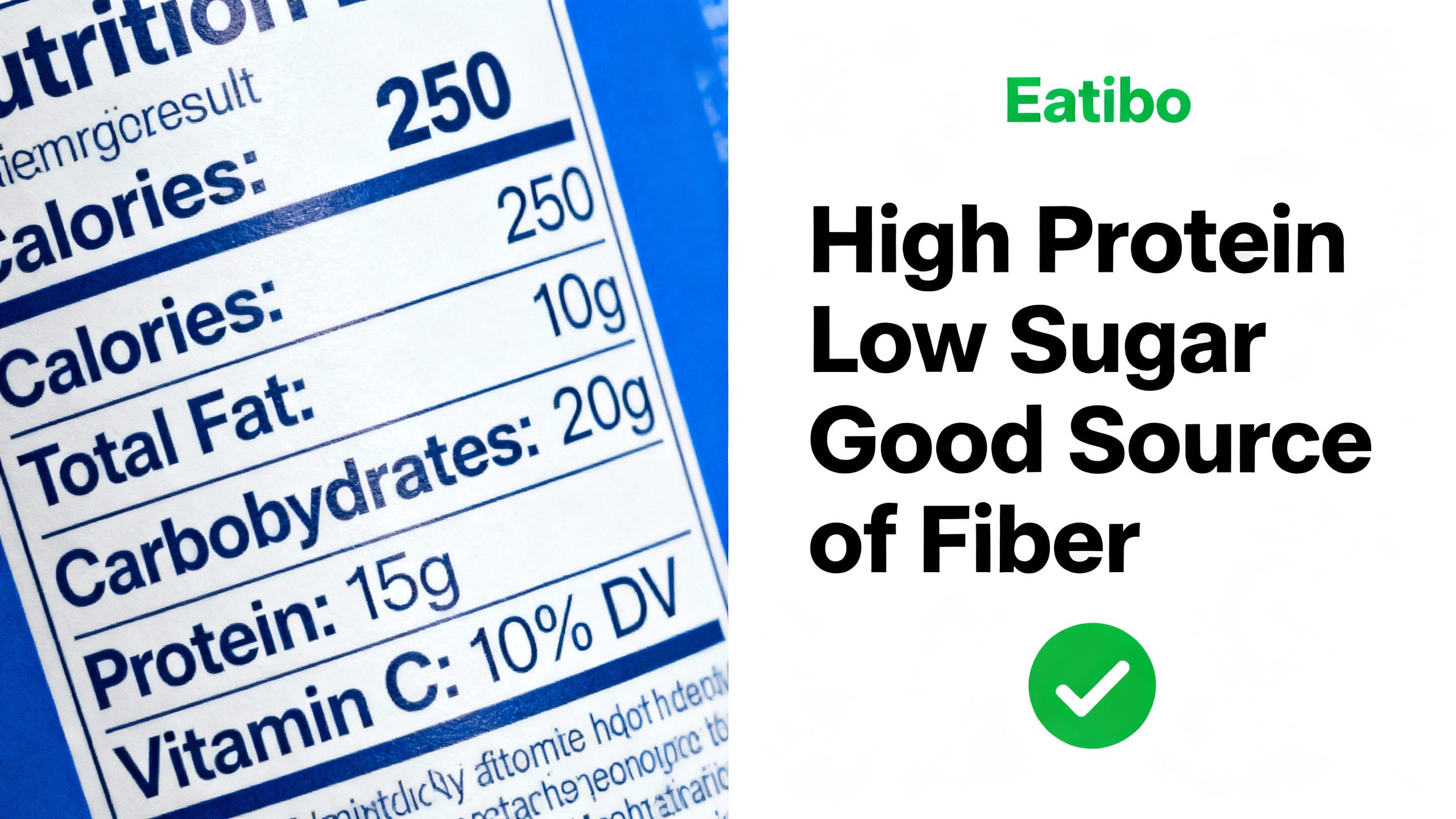 a split image showing a complex nutrition label on one side and a simplified, easy-to-read Eatibo scan result highlighting key info on the other