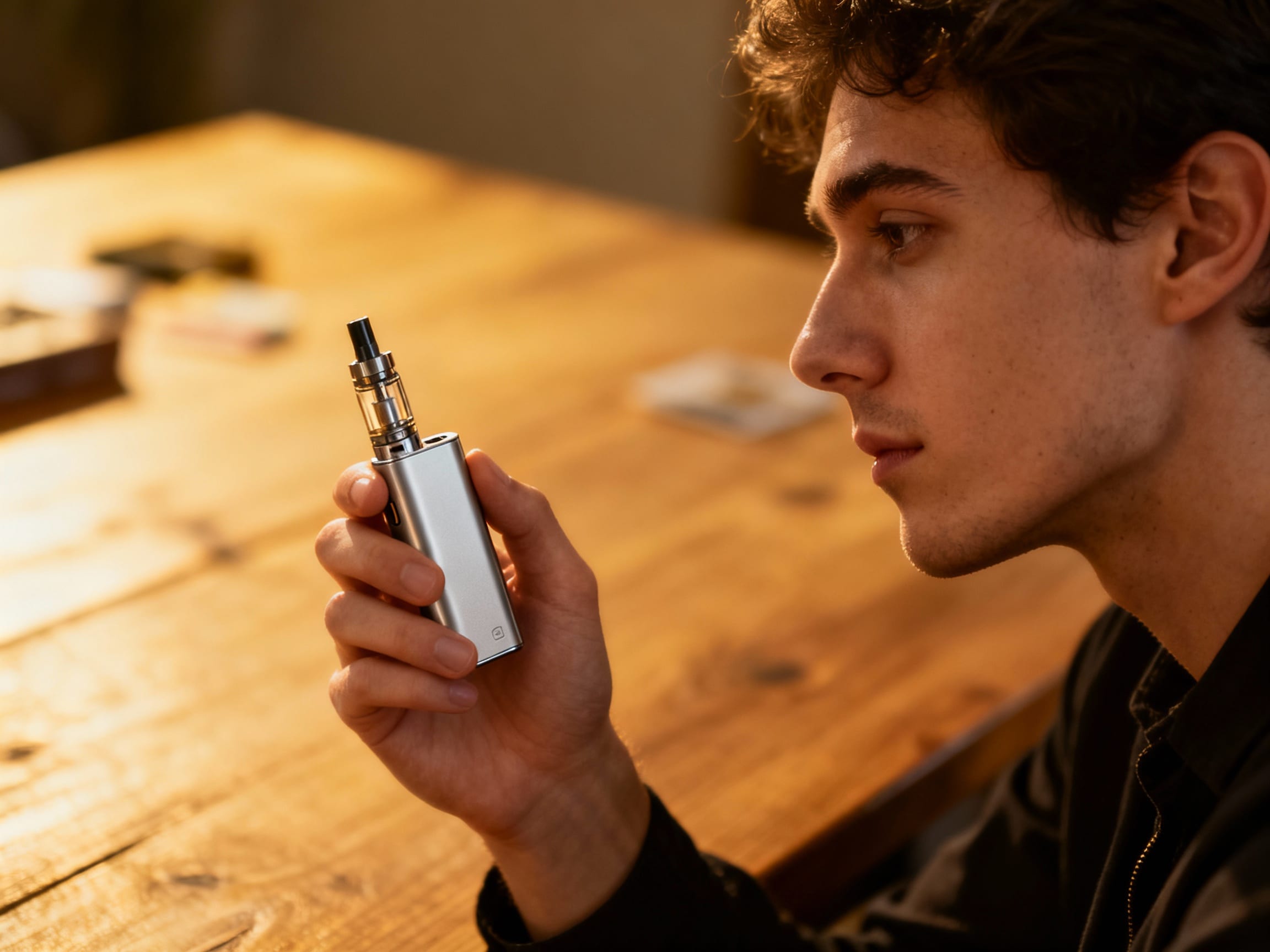 person looking thoughtfully at a vape device