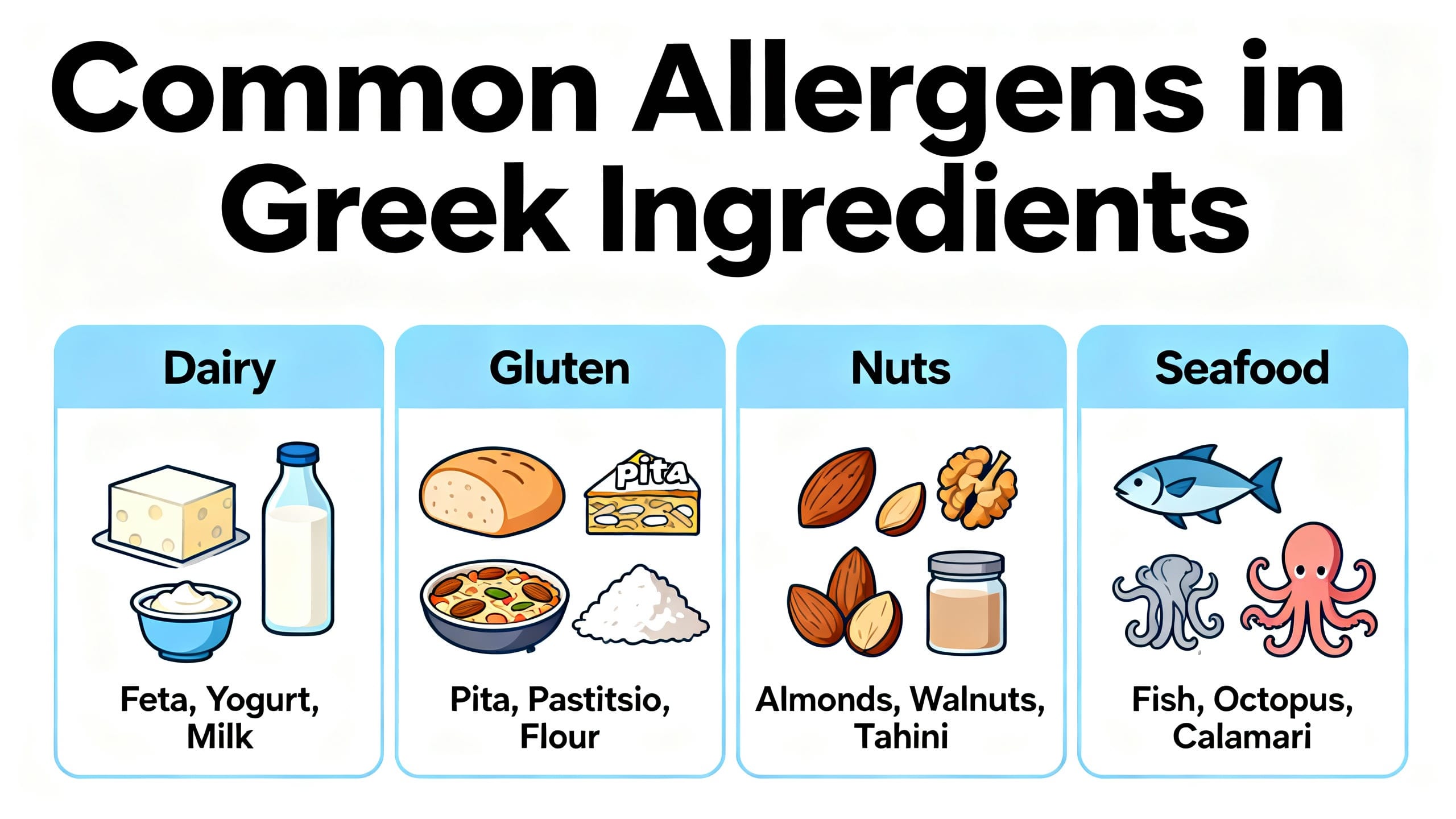 An infographic highlighting common allergens like dairy, gluten, nuts, and seafood in typical Greek ingredients