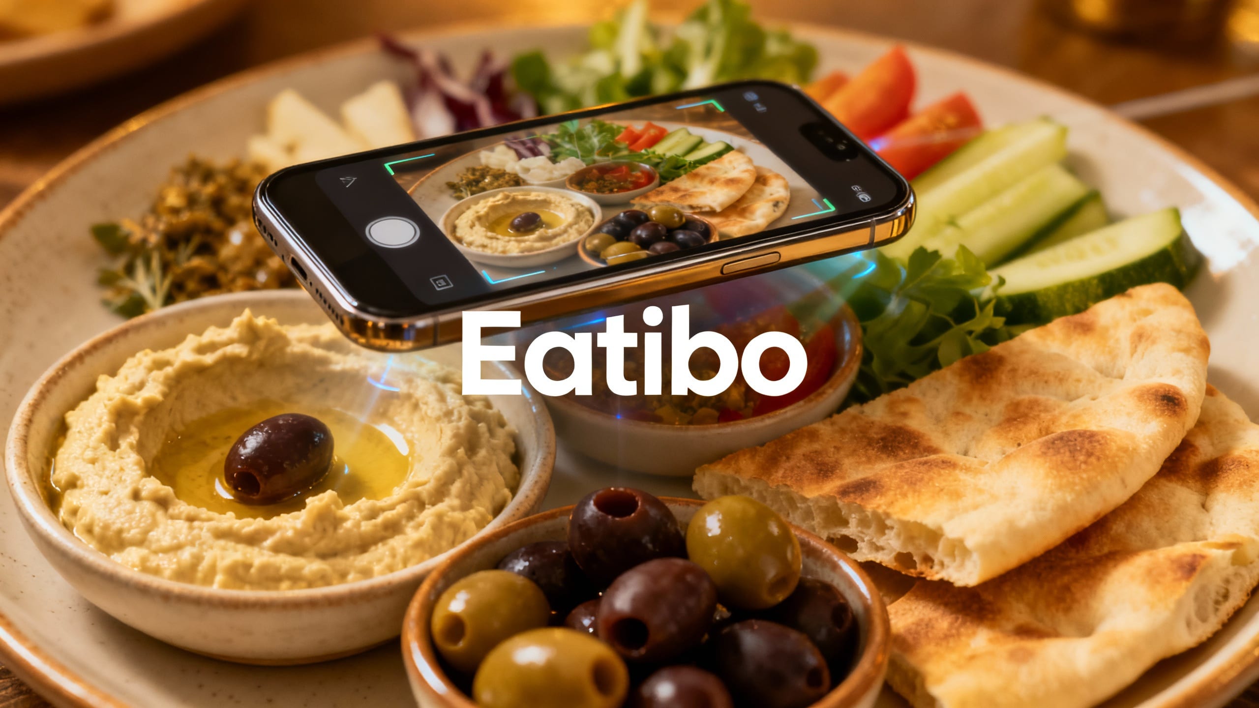 a smartphone scanning a Mediterranean appetizer plate with Eatibo app overlay