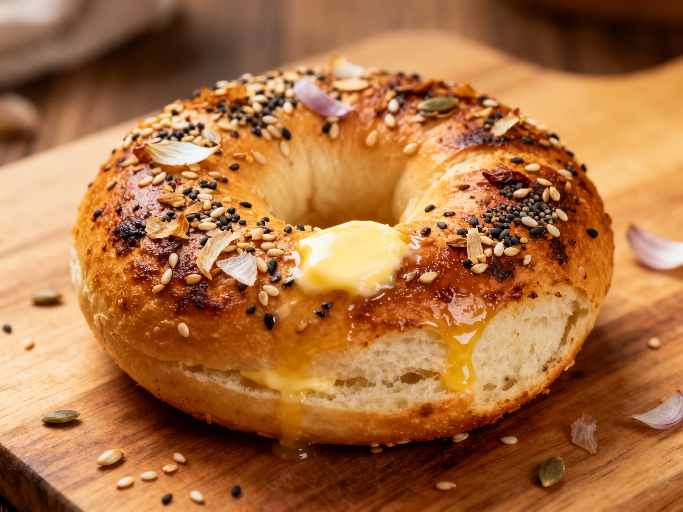 freshly toasted everything bagel