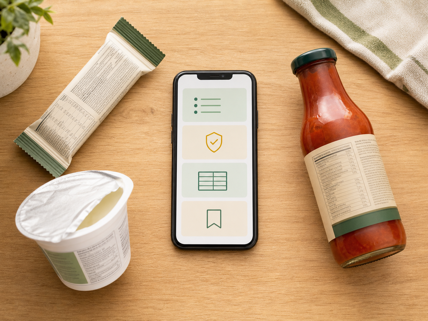 A food ingredient checker comparing ingredient order, allergen cues, Nutrition Facts, and a saved log