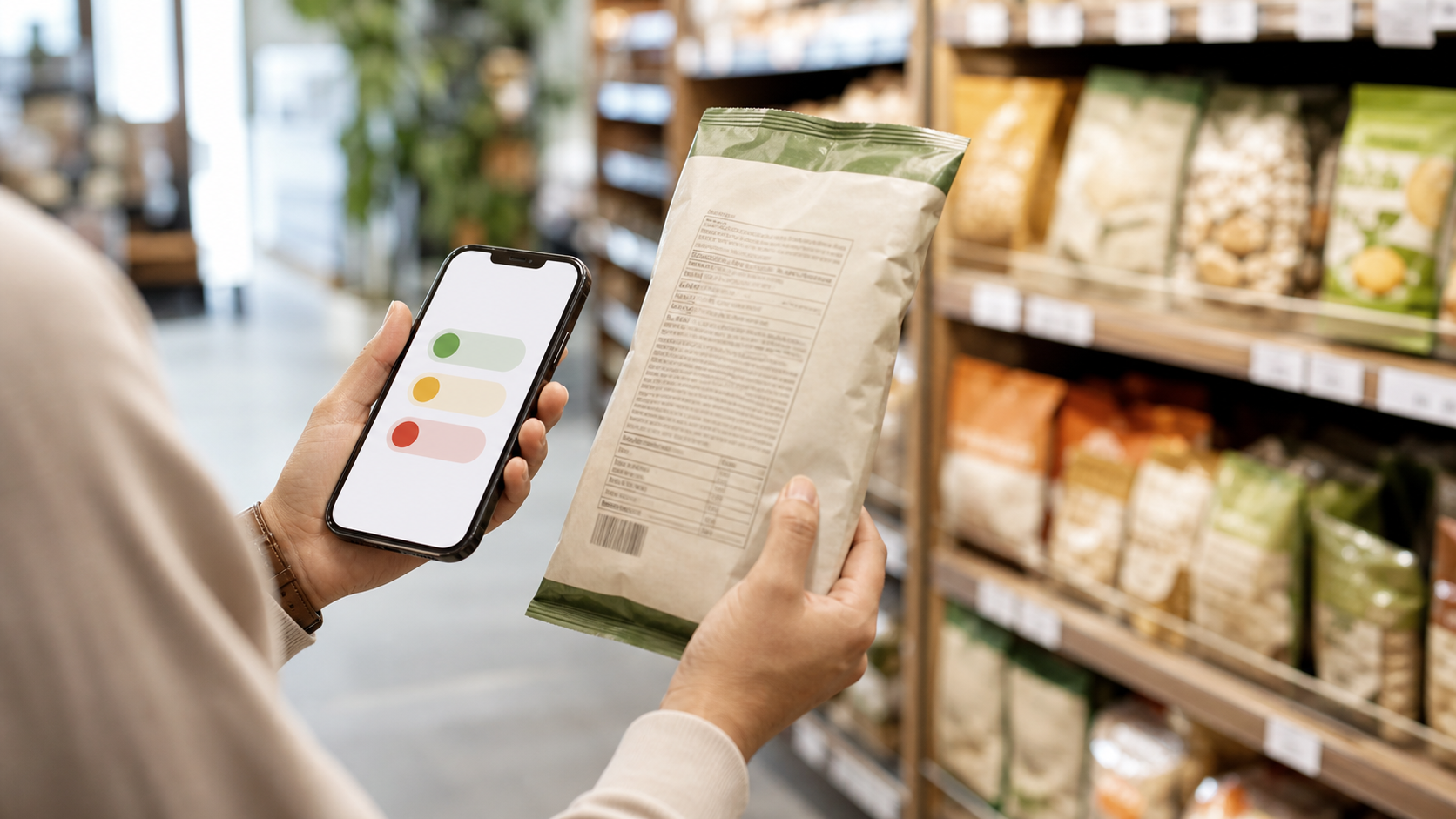 A shopper using a food ingredient checker on a packaged-food label