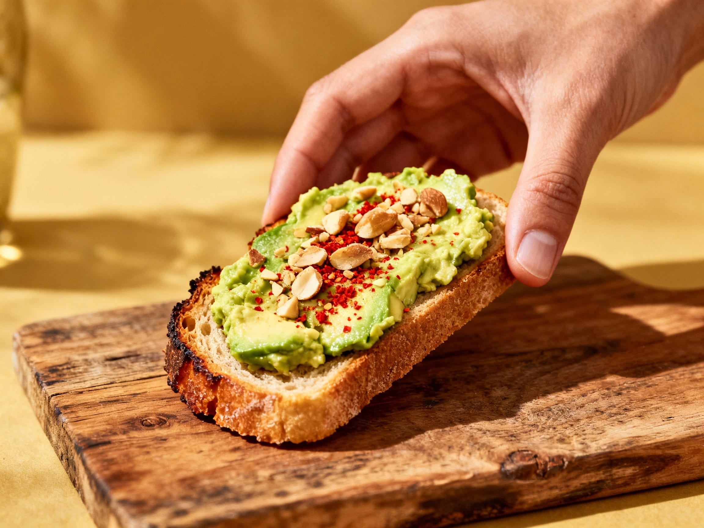 a person enjoying a healthy, high-calorie snack like avocado toast with nuts
