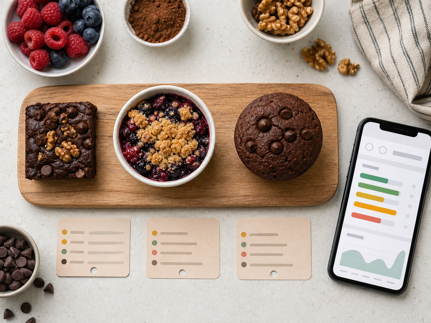 gluten-free dessert comparison board with nutrition log