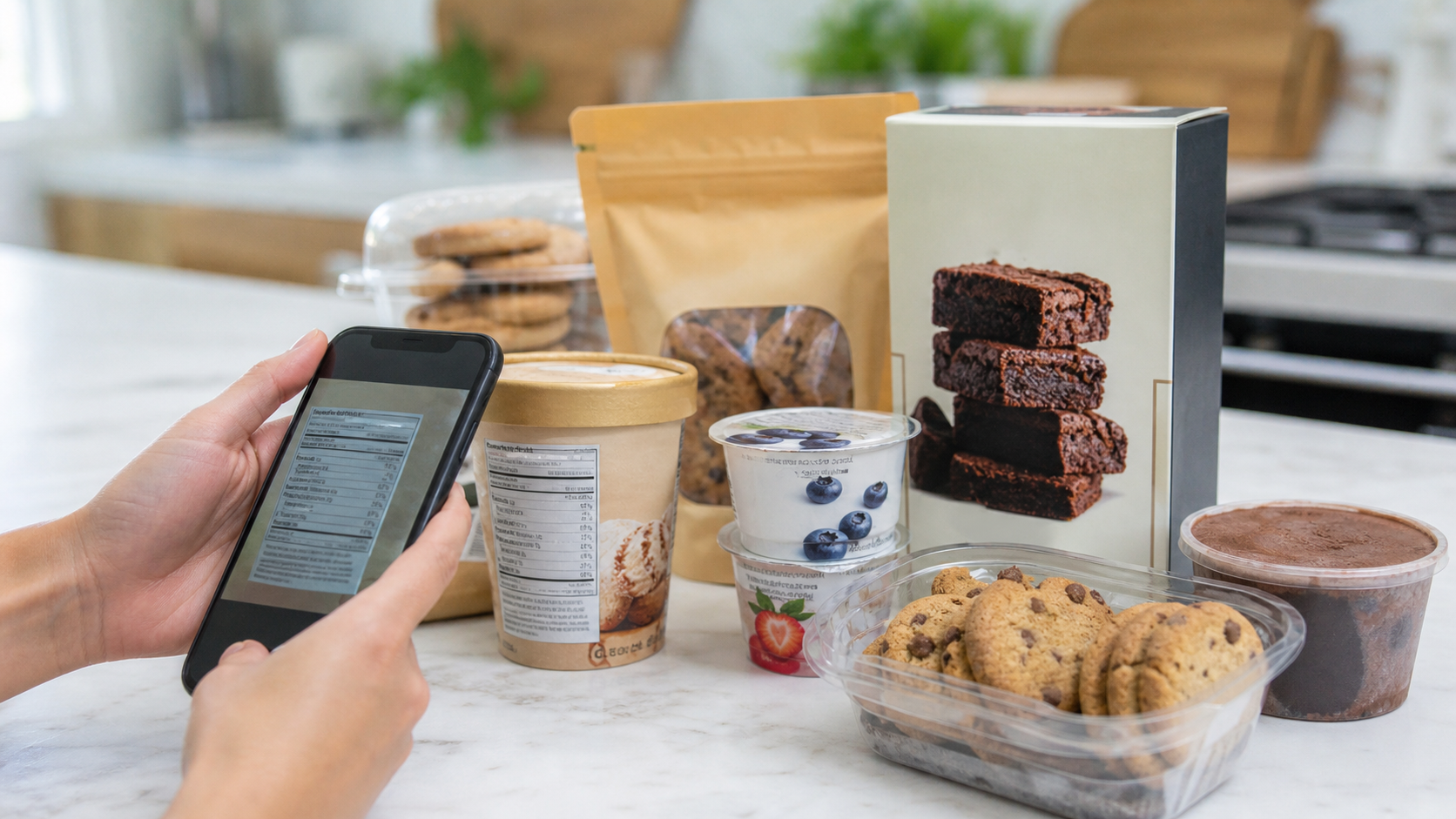 gluten-free dessert packages being scanned with a phone