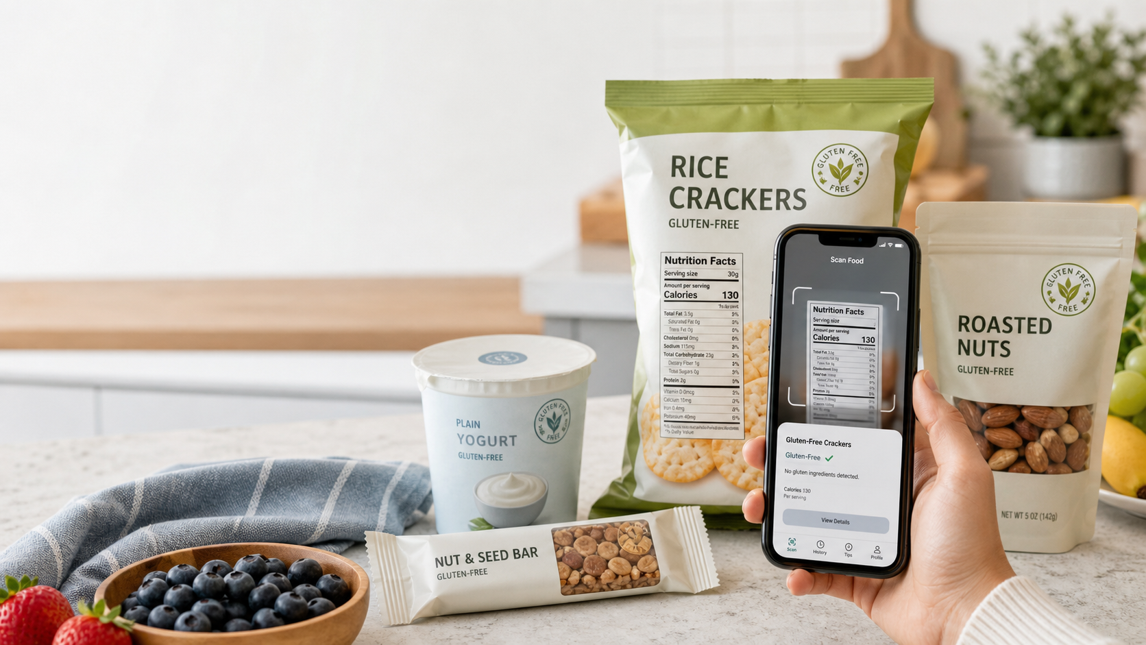 gluten-free snack packages being scanned with a phone