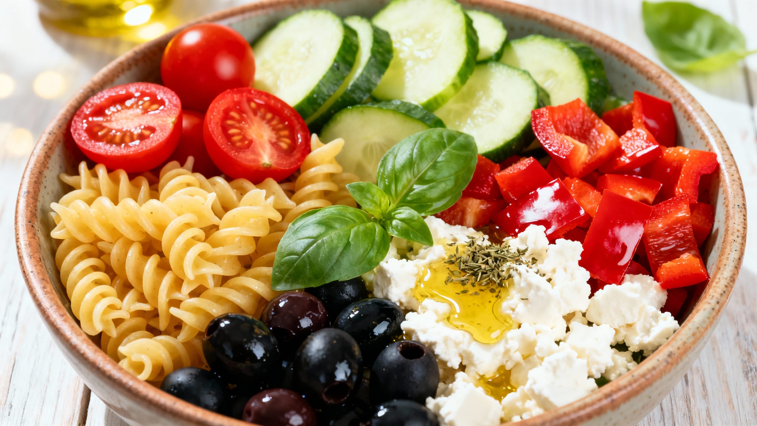 colorful ingredients for mediterranean pasta salad