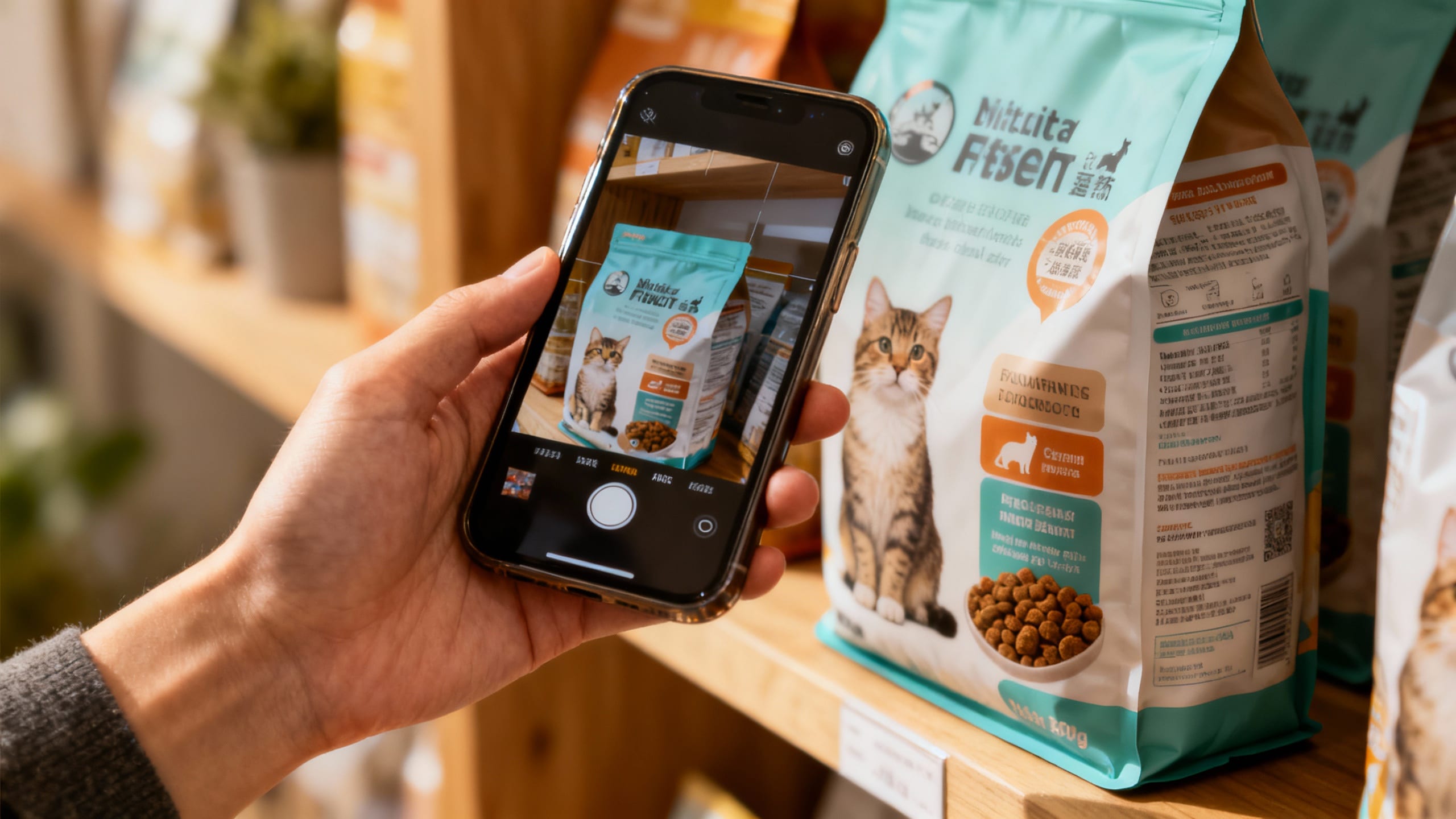 A person using a smartphone to scan a cat food label