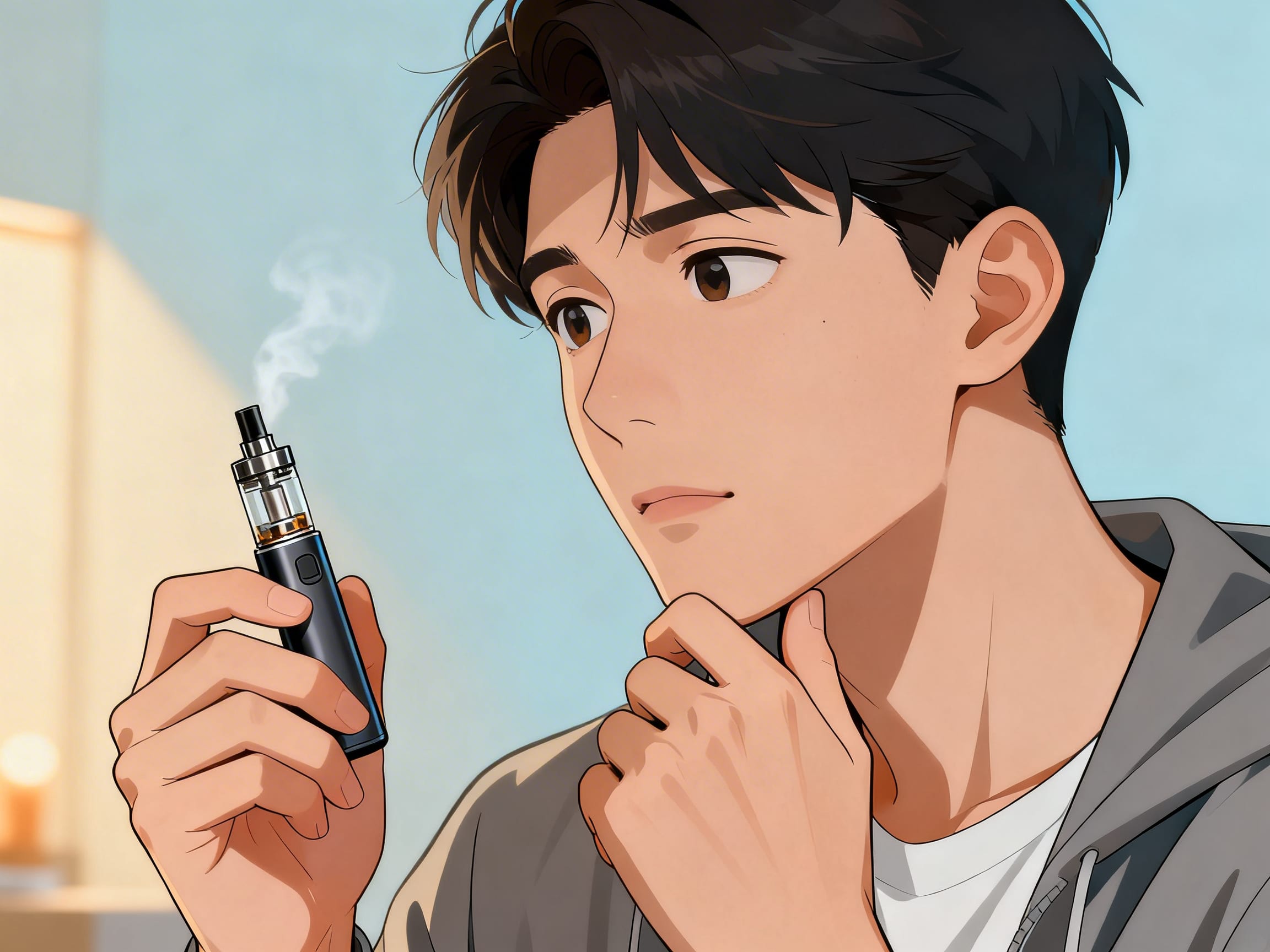 person looking at vape and thinking about calories