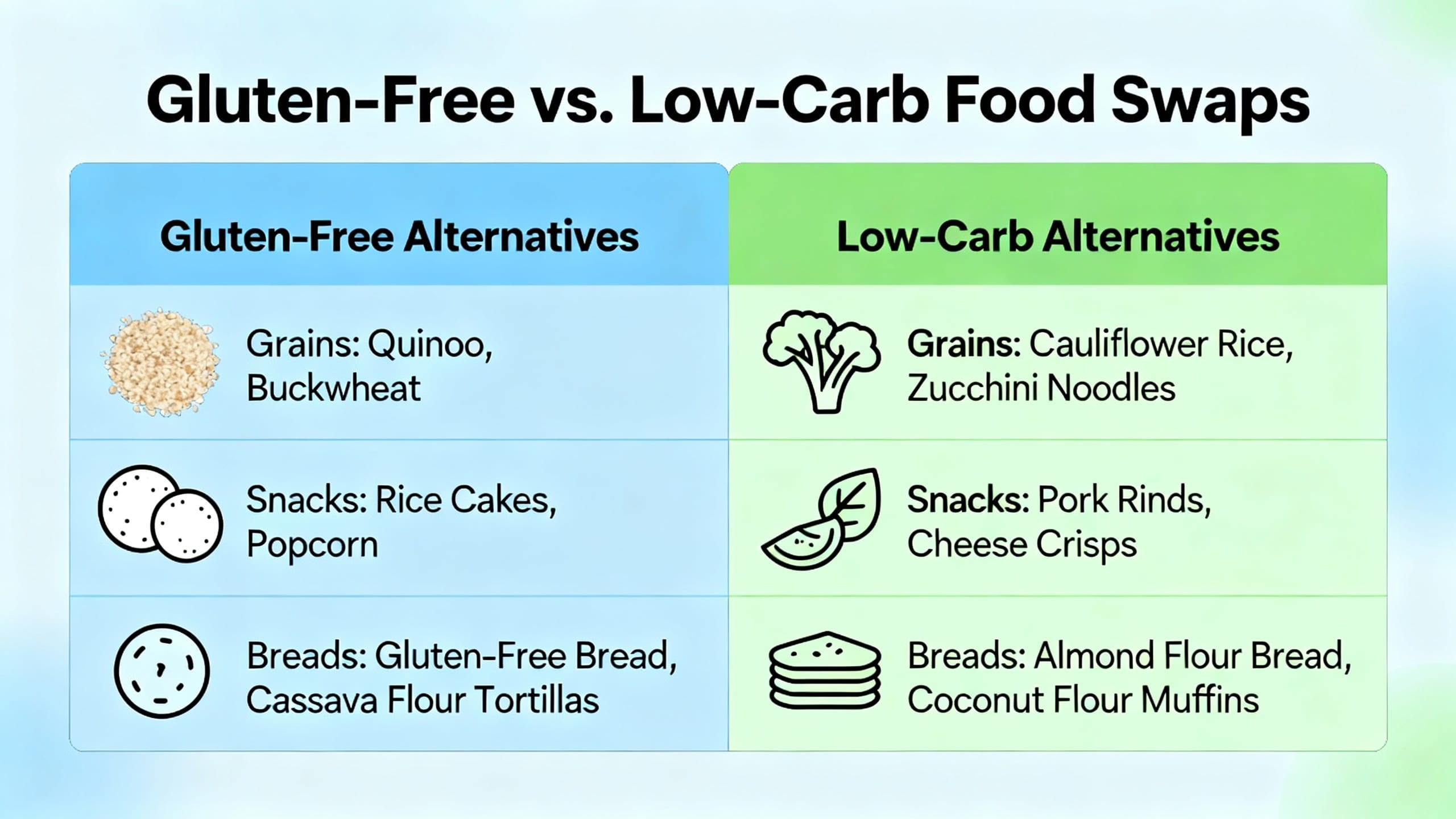 infographic comparing gluten-free and low-carb food swaps