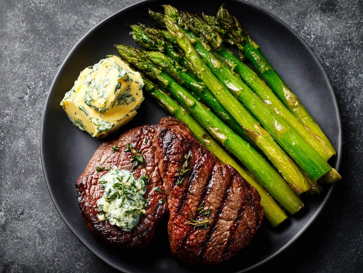 simple minimalist keto plate with seared steak, asparagus, small pat of herb butter, dark slate background