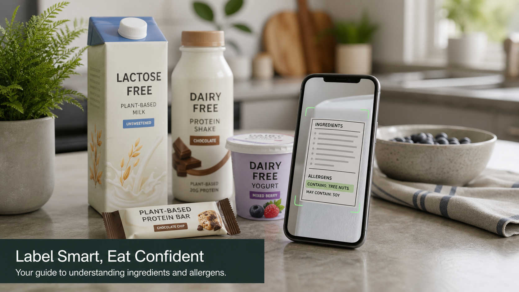 lactose-free and dairy-free milk labels being scanned with a phone