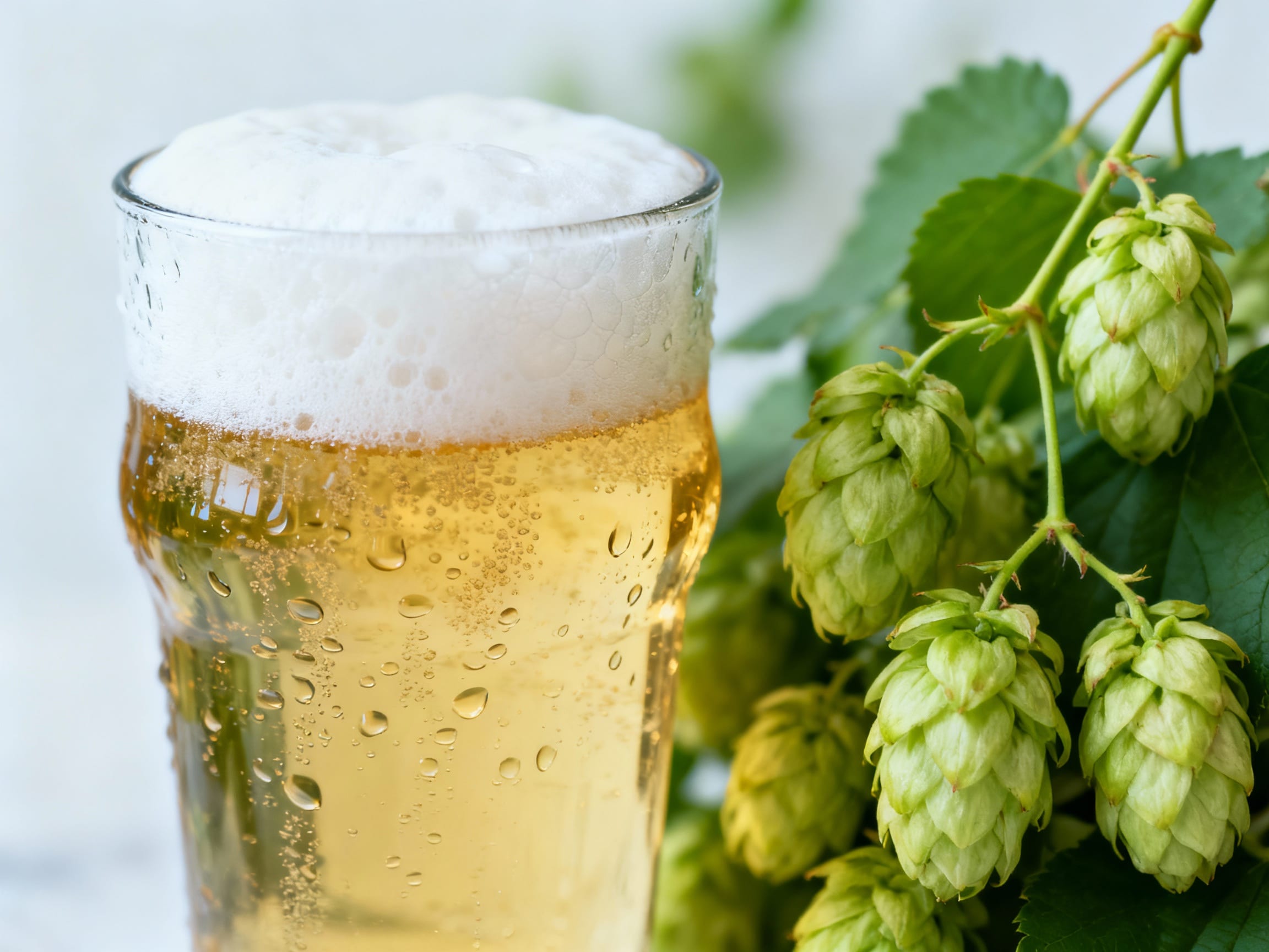 a cold glass of light beer next to fresh hops