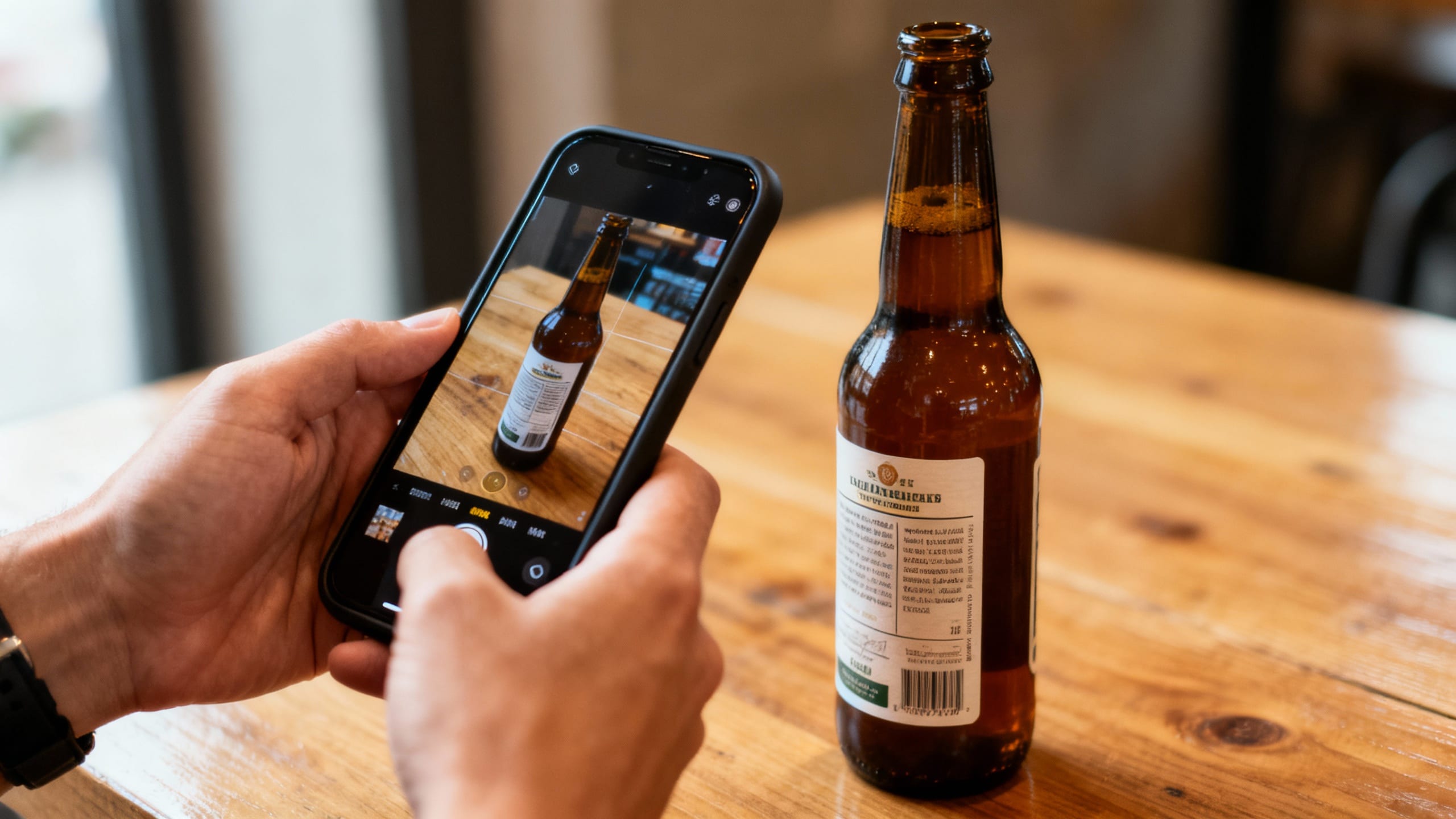 a person using a smartphone to scan a beer bottle label
