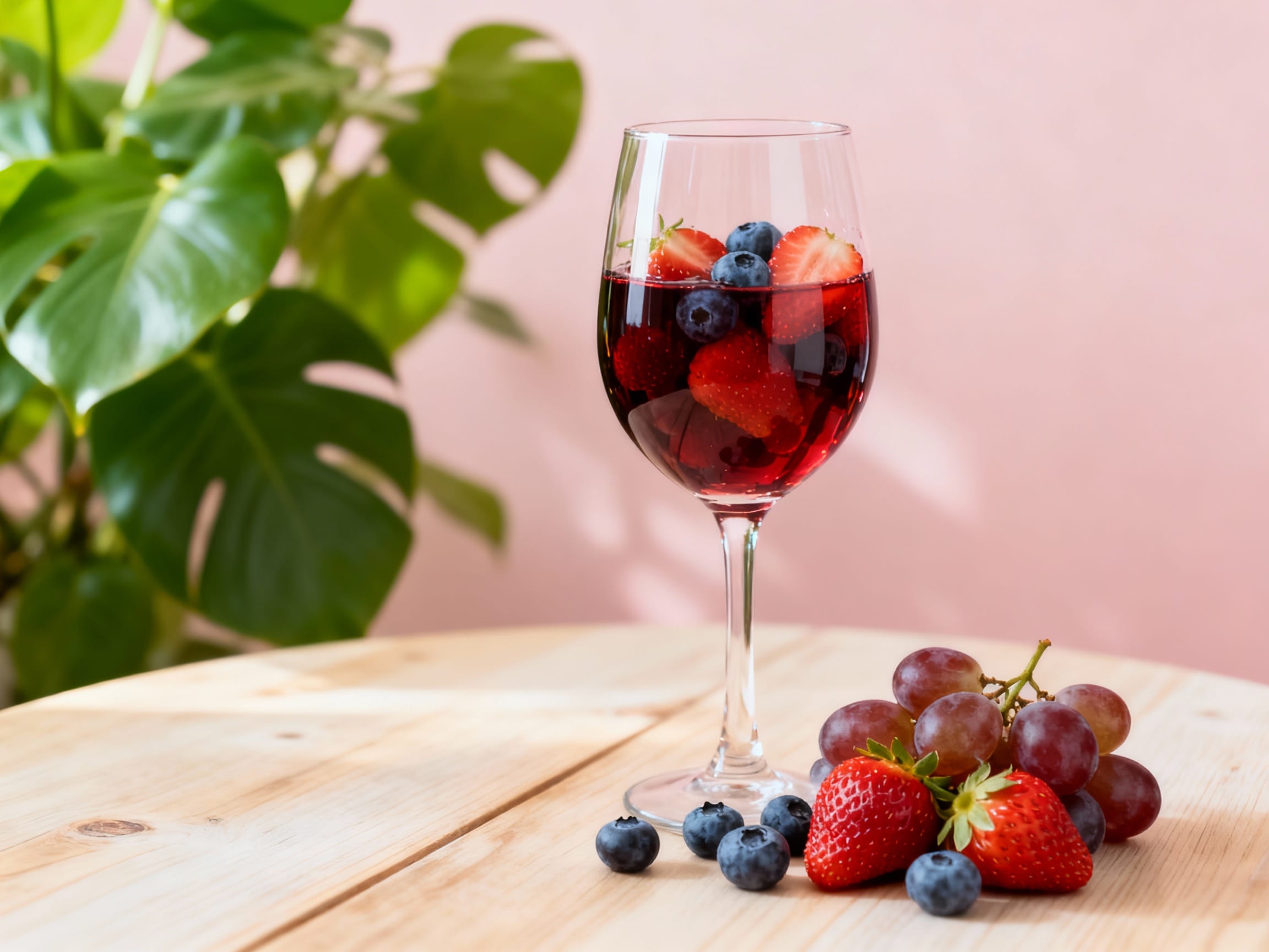 A glass of wine with fresh fruit in a healthy setting