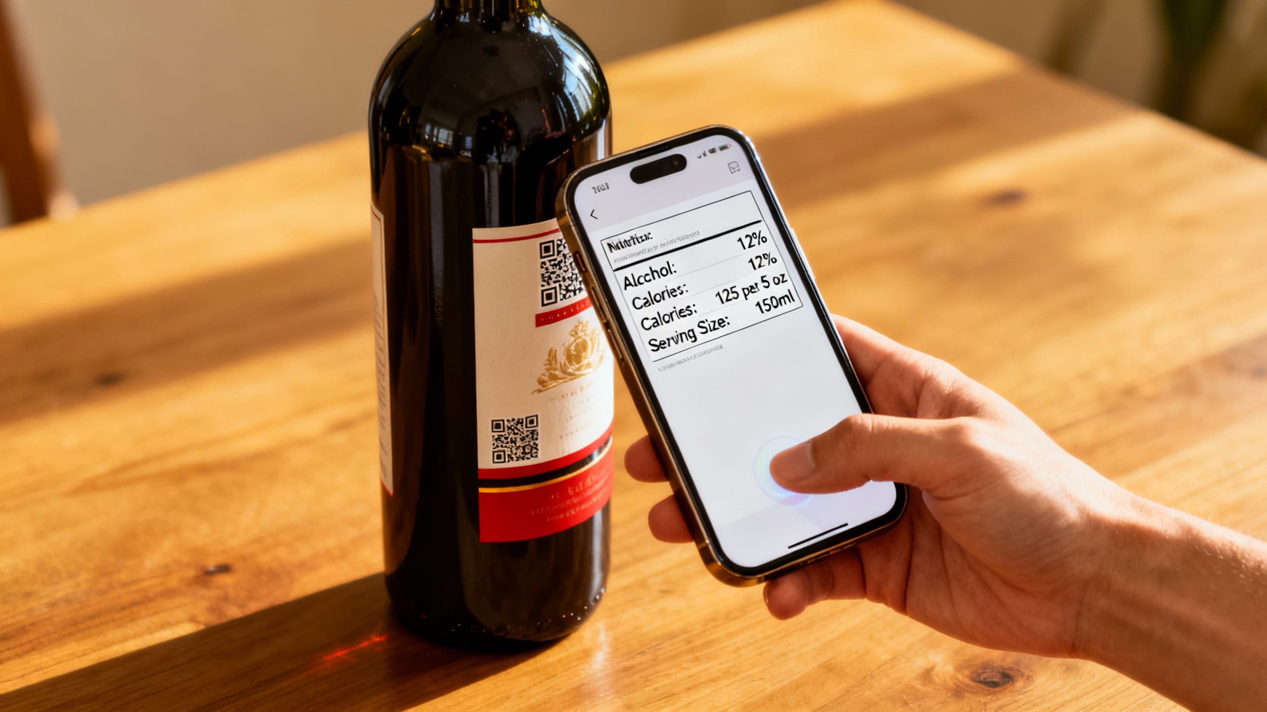 A person scanning a wine bottle with a smartphone displaying nutritional information