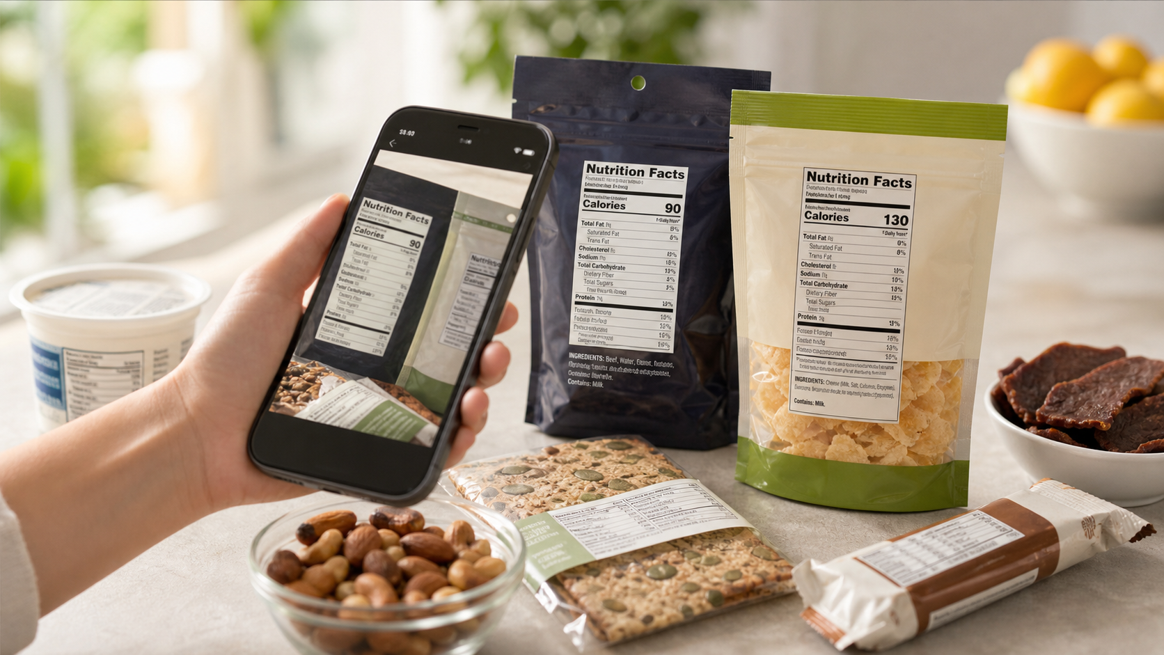 low-carb snack labels being scanned with a phone