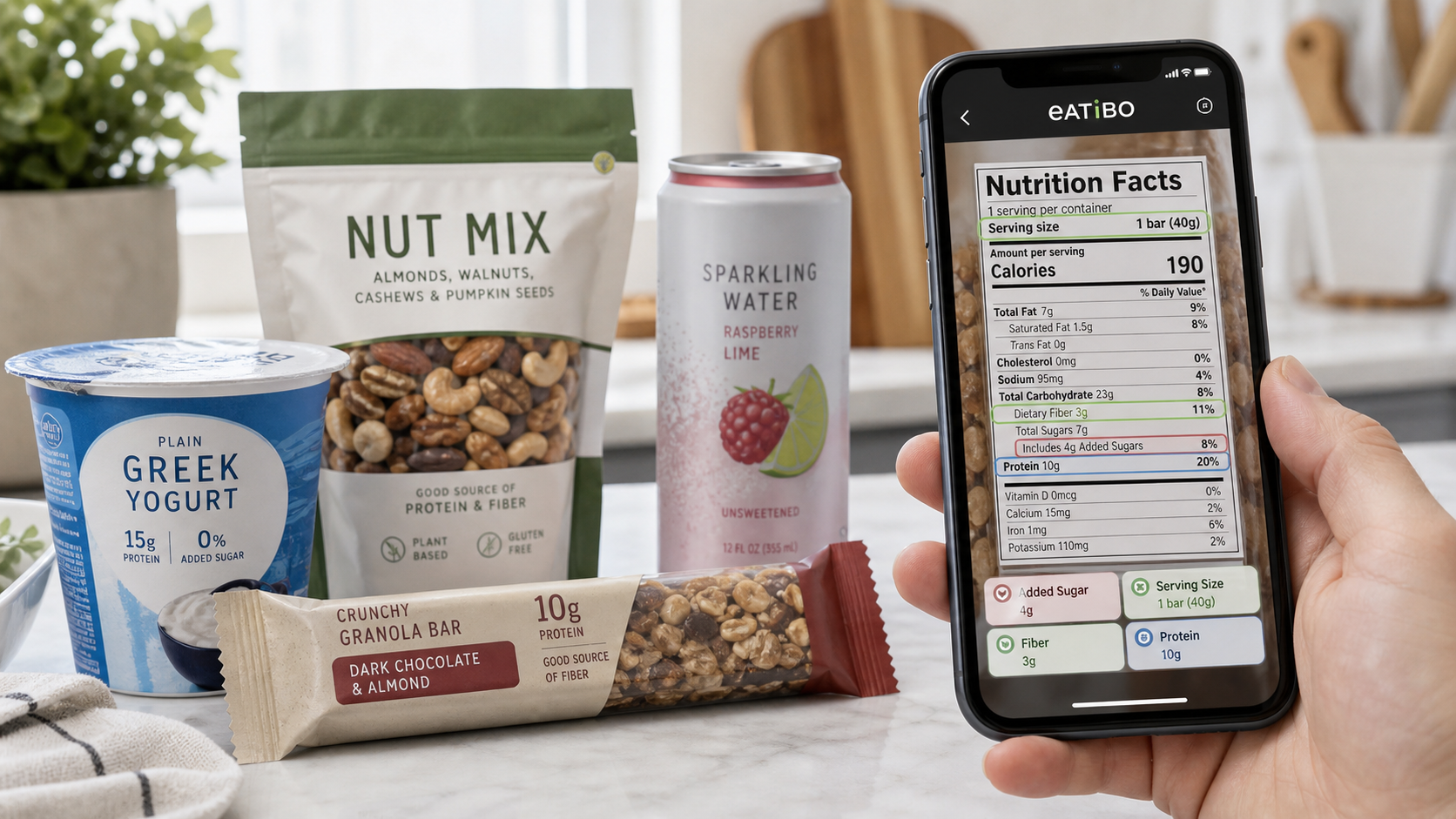 low-sugar snack labels being scanned with a phone