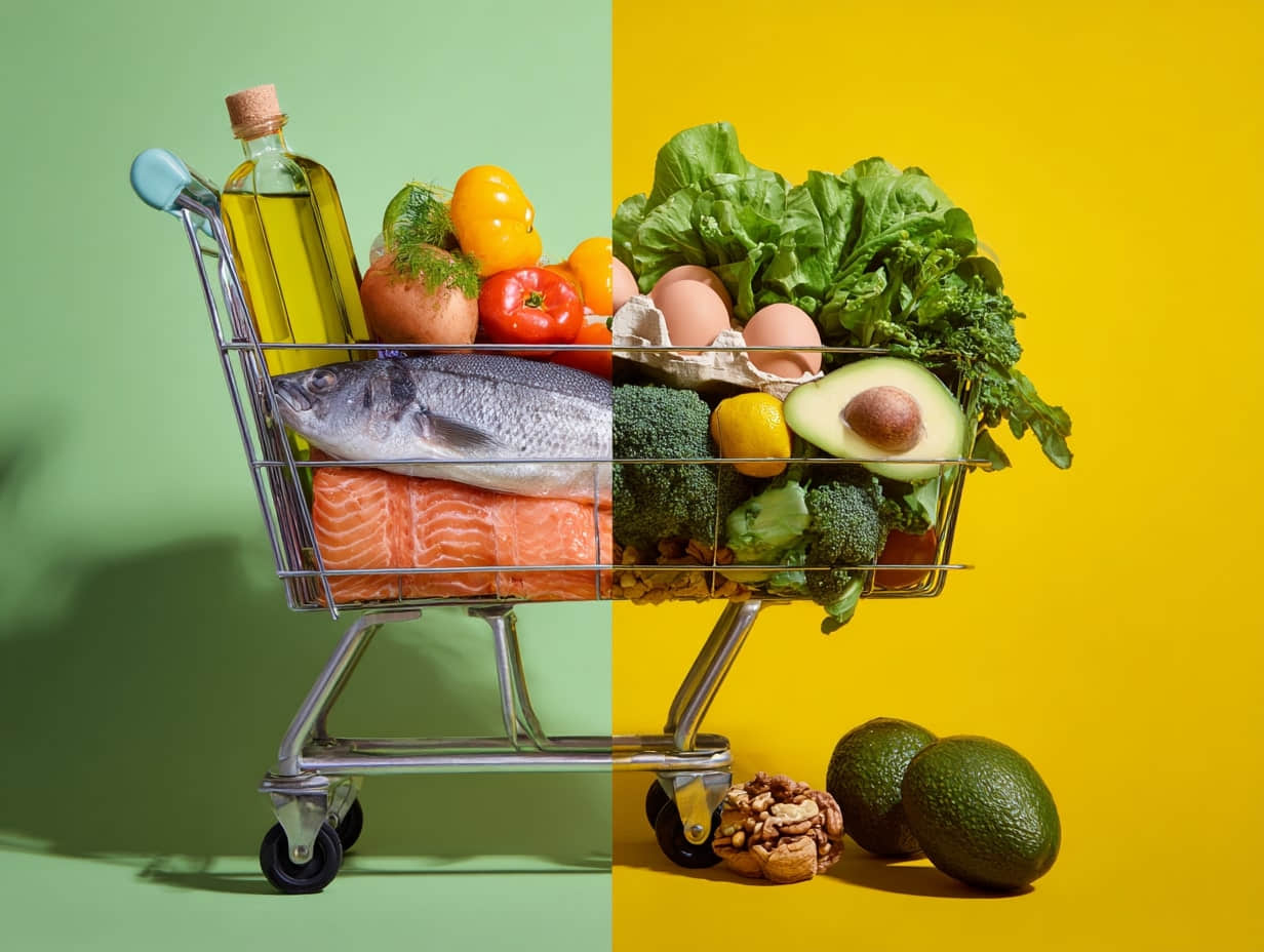 side-by-side grocery cart contents: left with colorful produce, olive oil, fish; right with eggs, leafy greens, avocados, nuts—clean studio lighting