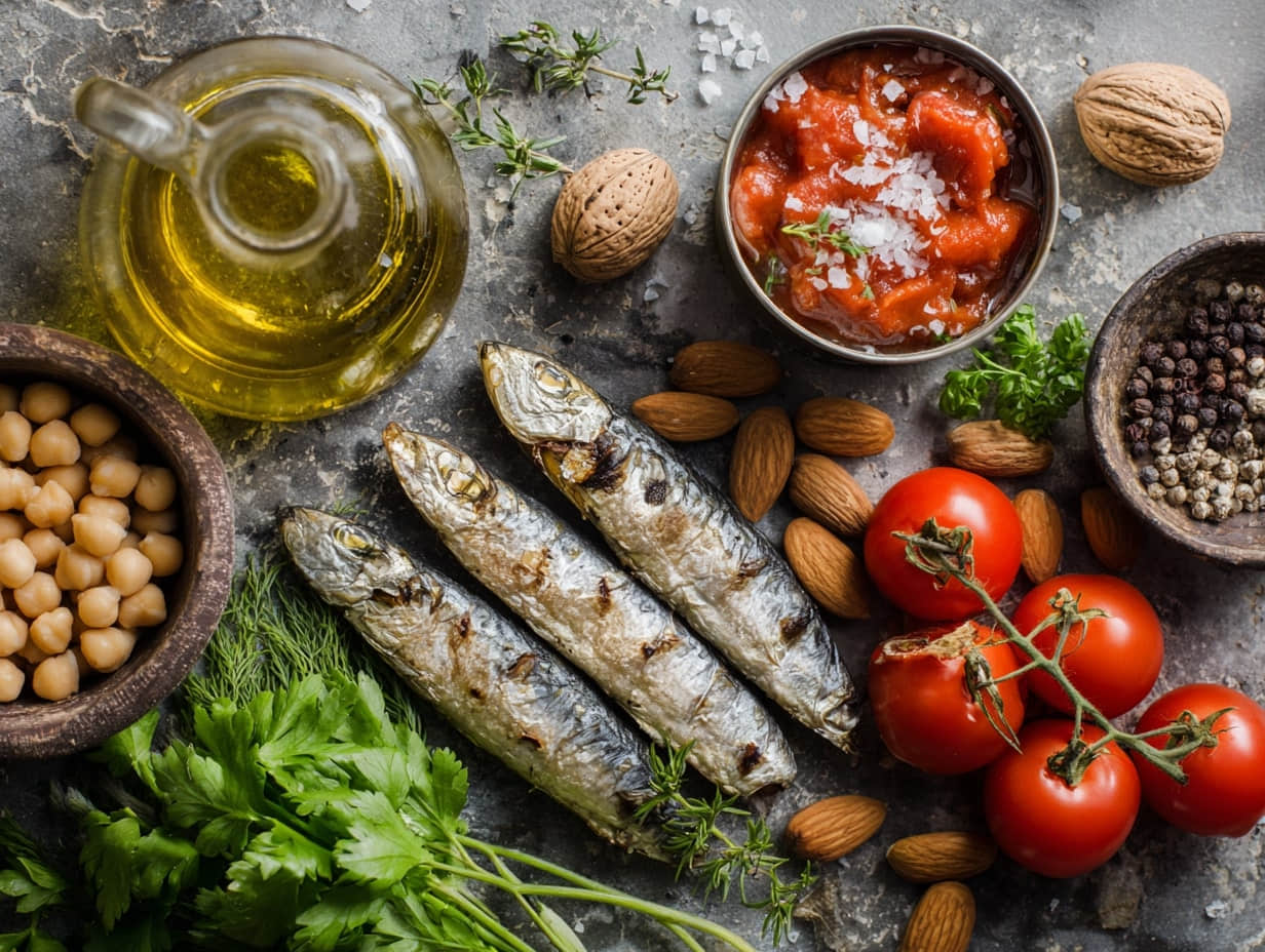 flat lay of pantry items: olive oil, canned tomatoes, chickpeas, sardines, almonds, herbs—clean Mediterranean vibe