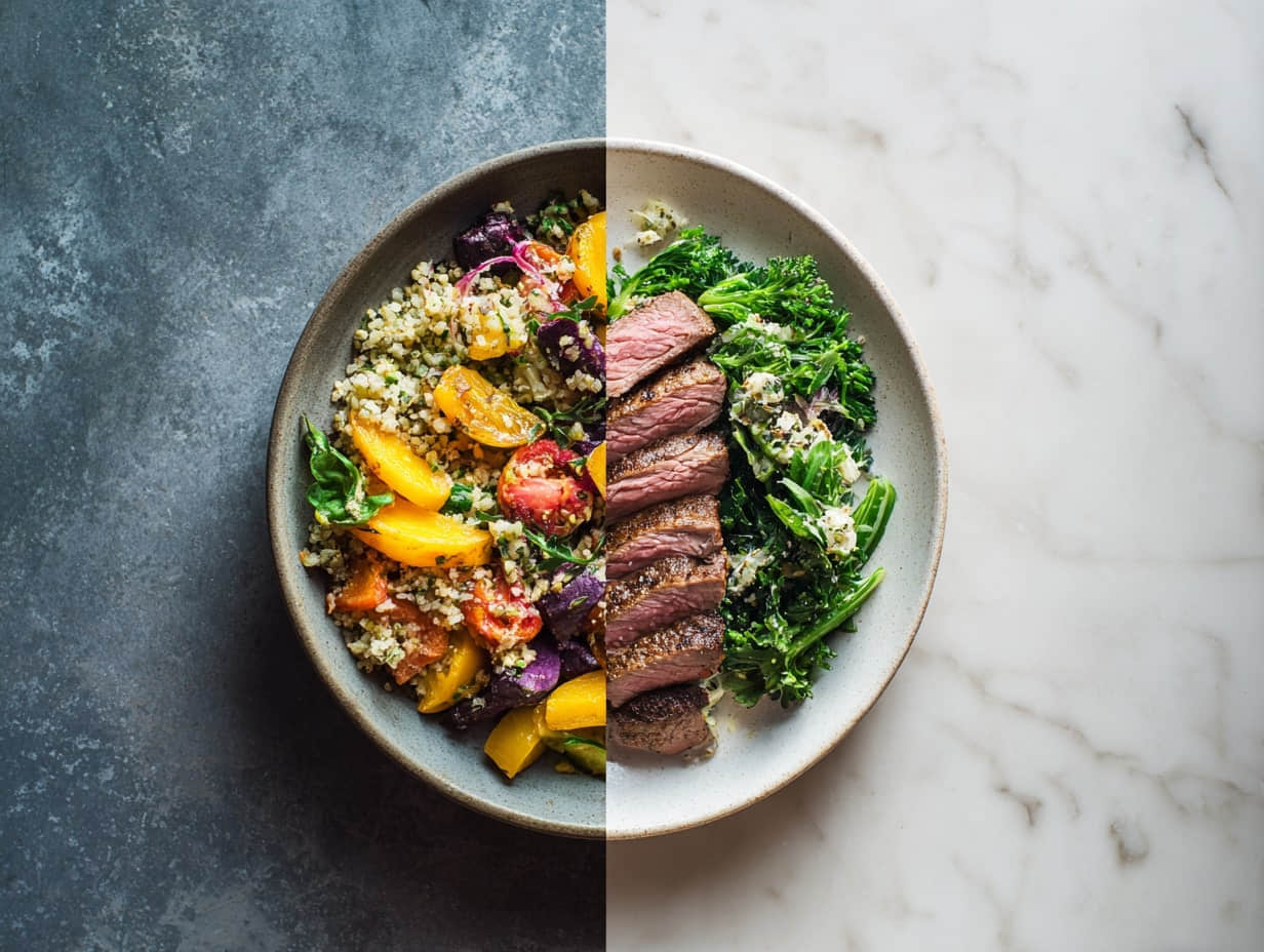 top-down split image of a colorful Mediterranean grain-and-veg bowl on the left and a simple keto steak-with-greens plate on the right, natural light, minimal props