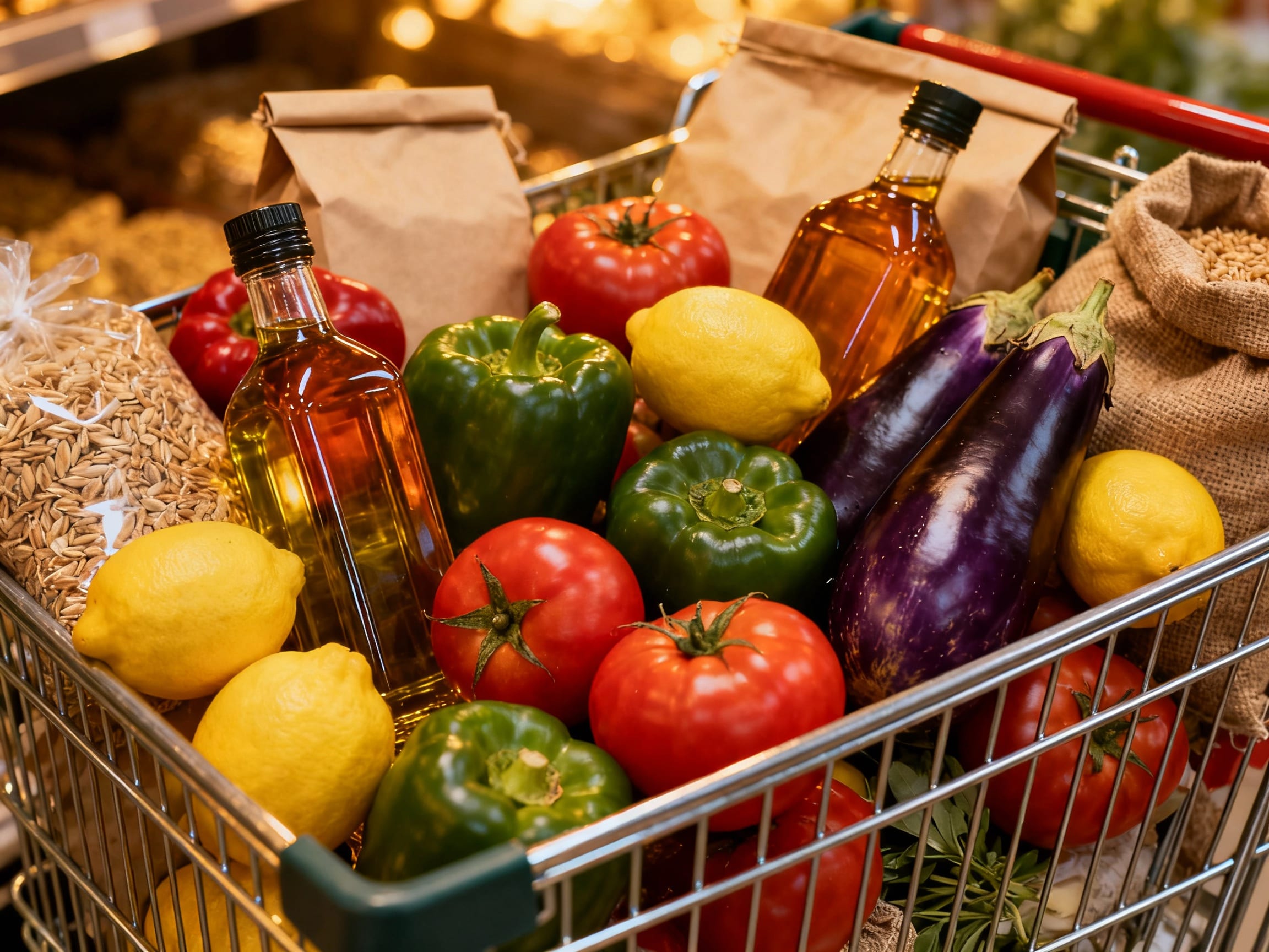 A vibrant photo of a grocery cart overflowing with colorful Mediterranean produce, olive oil, and whole grains