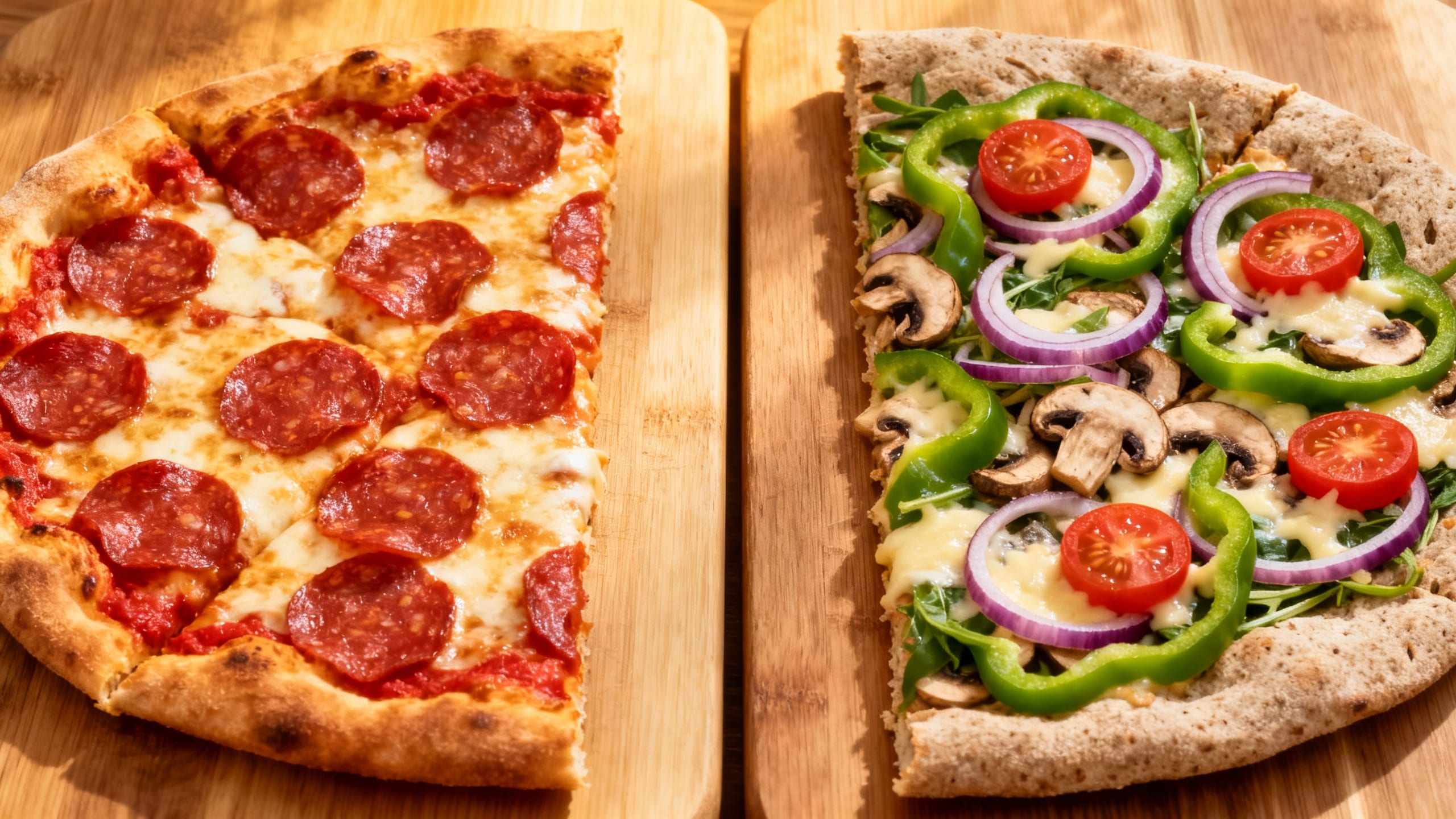 a side-by-side comparison of a traditional pepperoni pizza slice and a healthier veggie pizza slice